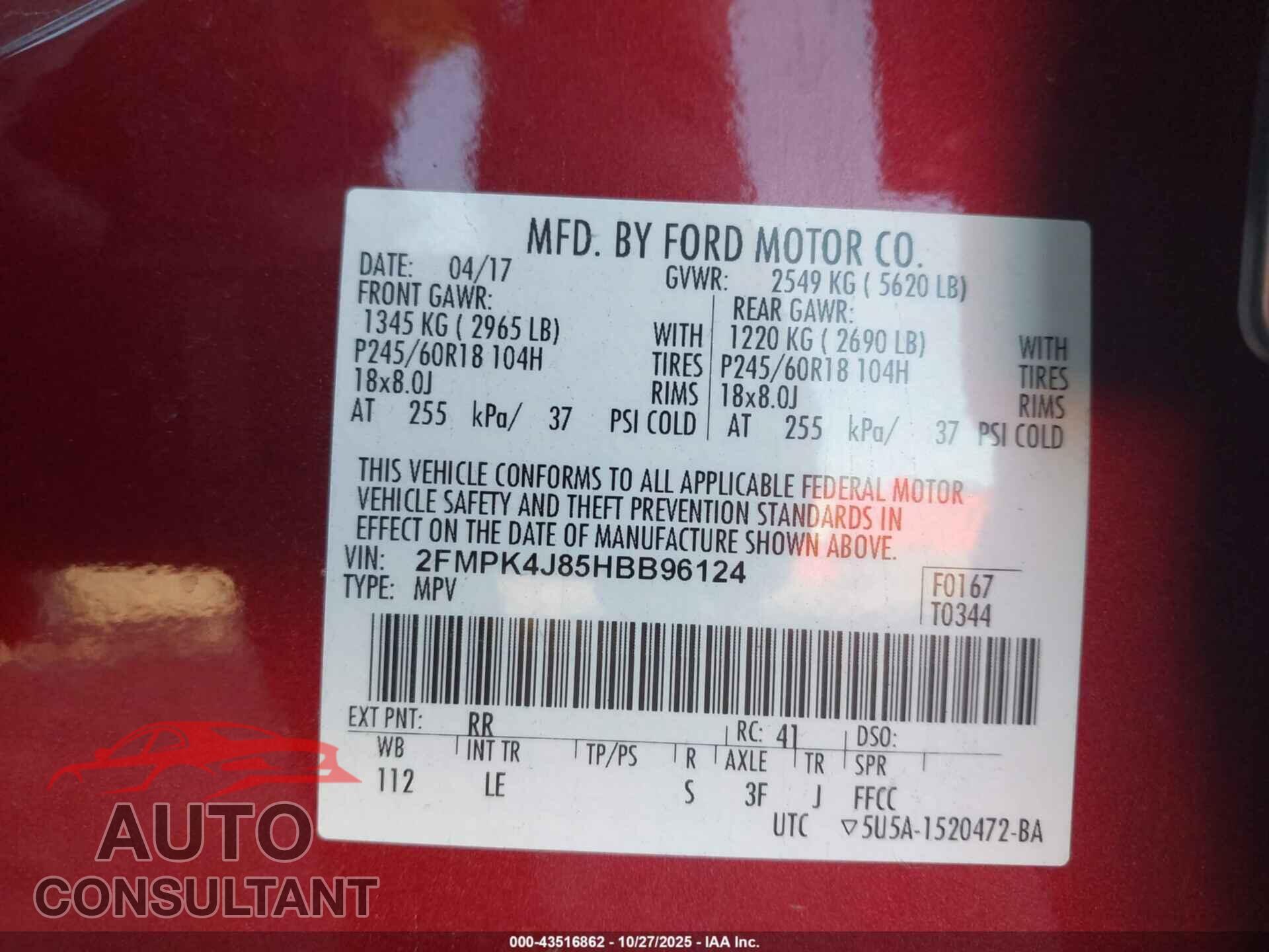 FORD EDGE 2017 - 2FMPK4J85HBB96124