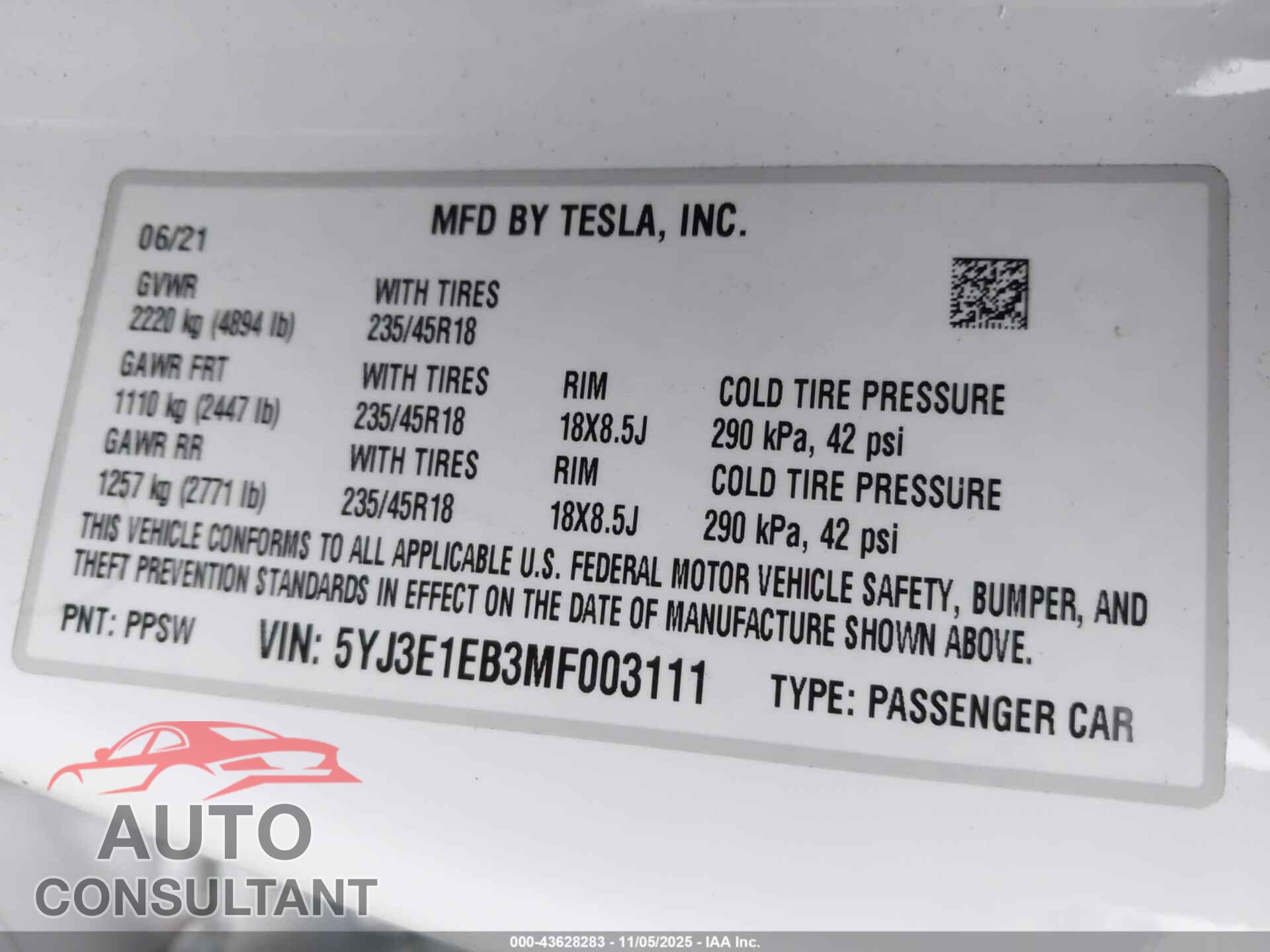 TESLA MODEL 3 2021 - 5YJ3E1EB3MF003111
