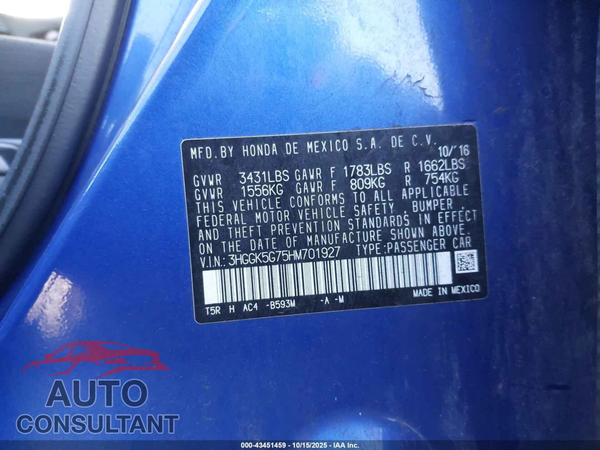 HONDA FIT 2017 - 3HGGK5G75HM701927