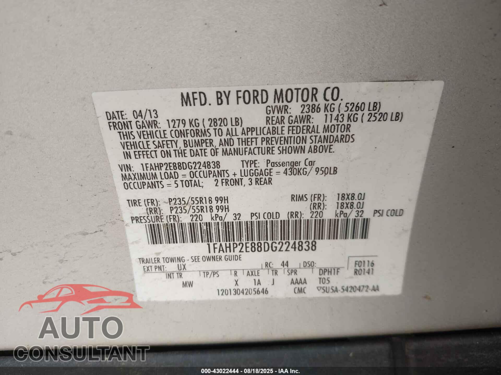 FORD TAURUS 2013 - 1FAHP2E88DG224838
