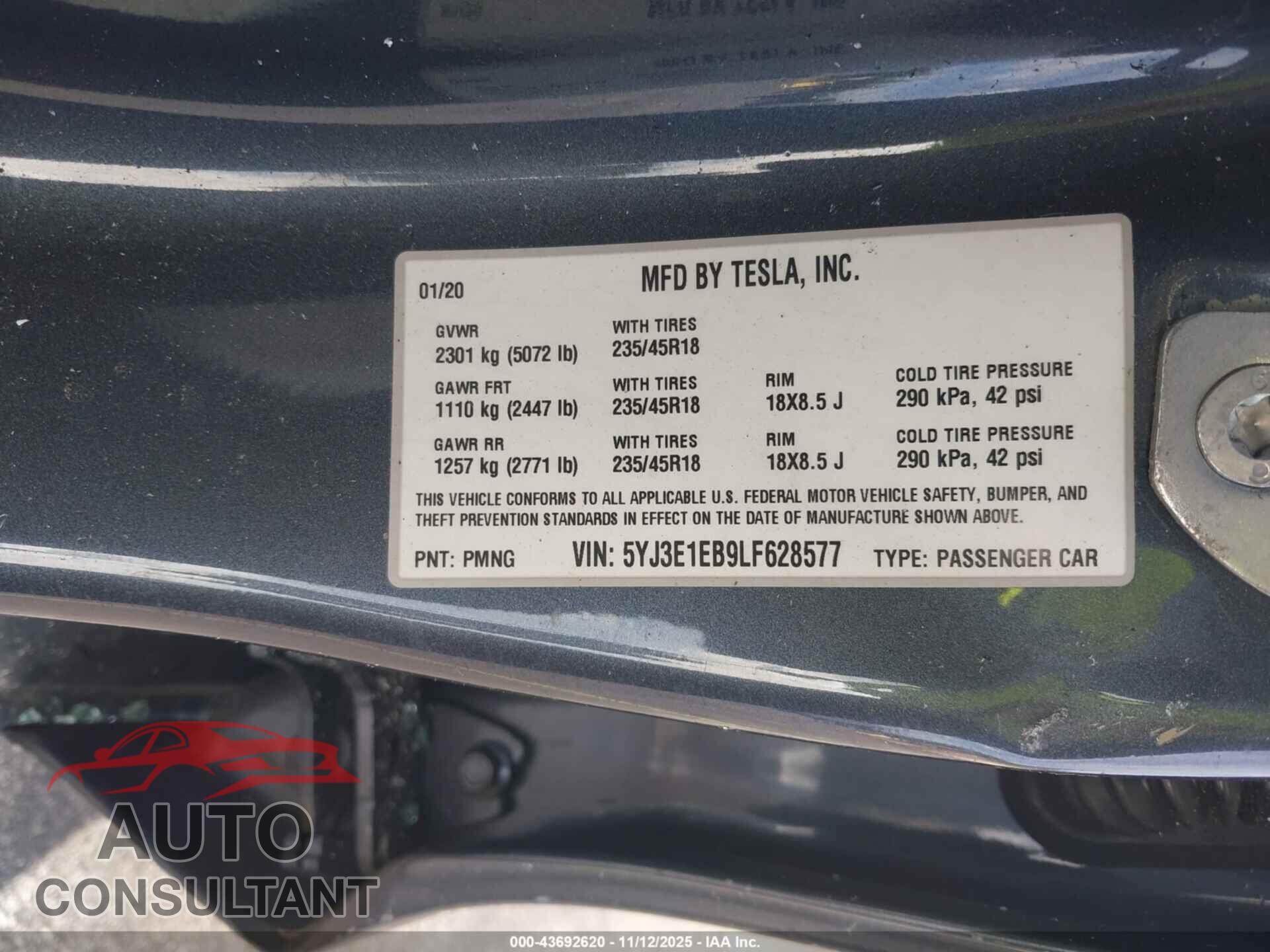TESLA MODEL 3 2020 - 5YJ3E1EB9LF628577