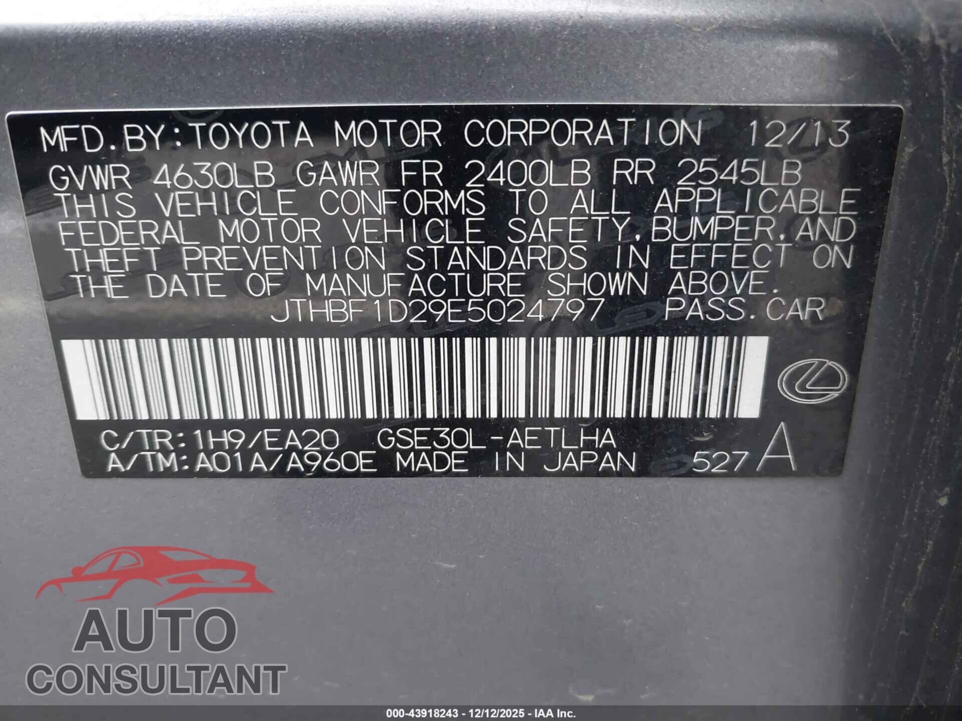 LEXUS IS 250 2014 - JTHBF1D29E5024797