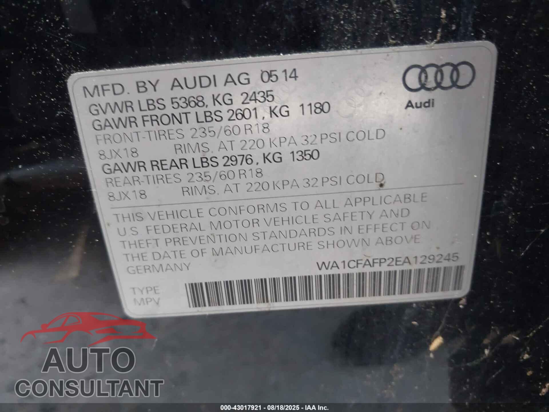 AUDI Q5 2014 - WA1CFAFP2EA129245