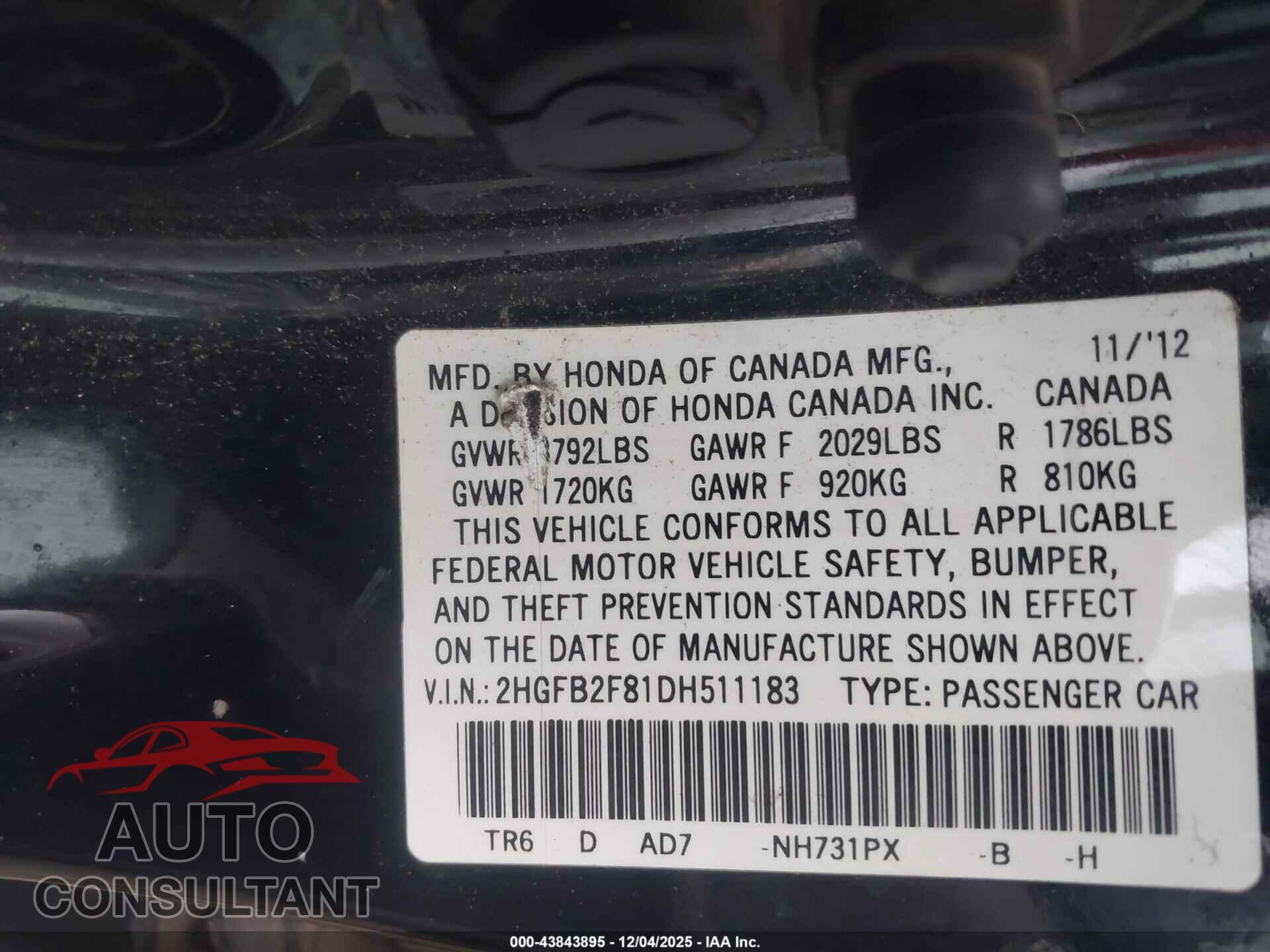 HONDA CIVIC 2013 - 2HGFB2F81DH511183