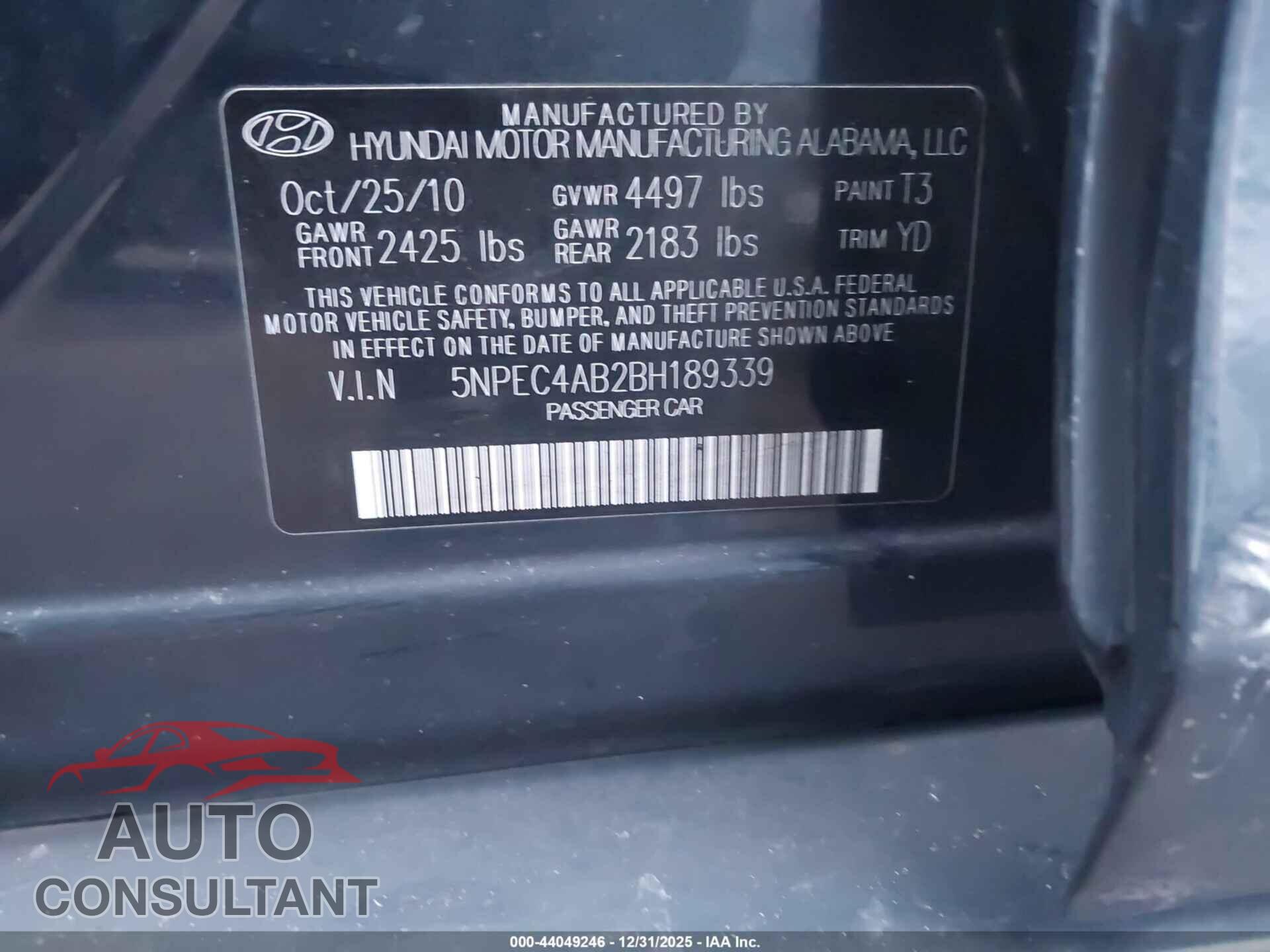 HYUNDAI SONATA 2011 - 5NPEC4AB2BH189339