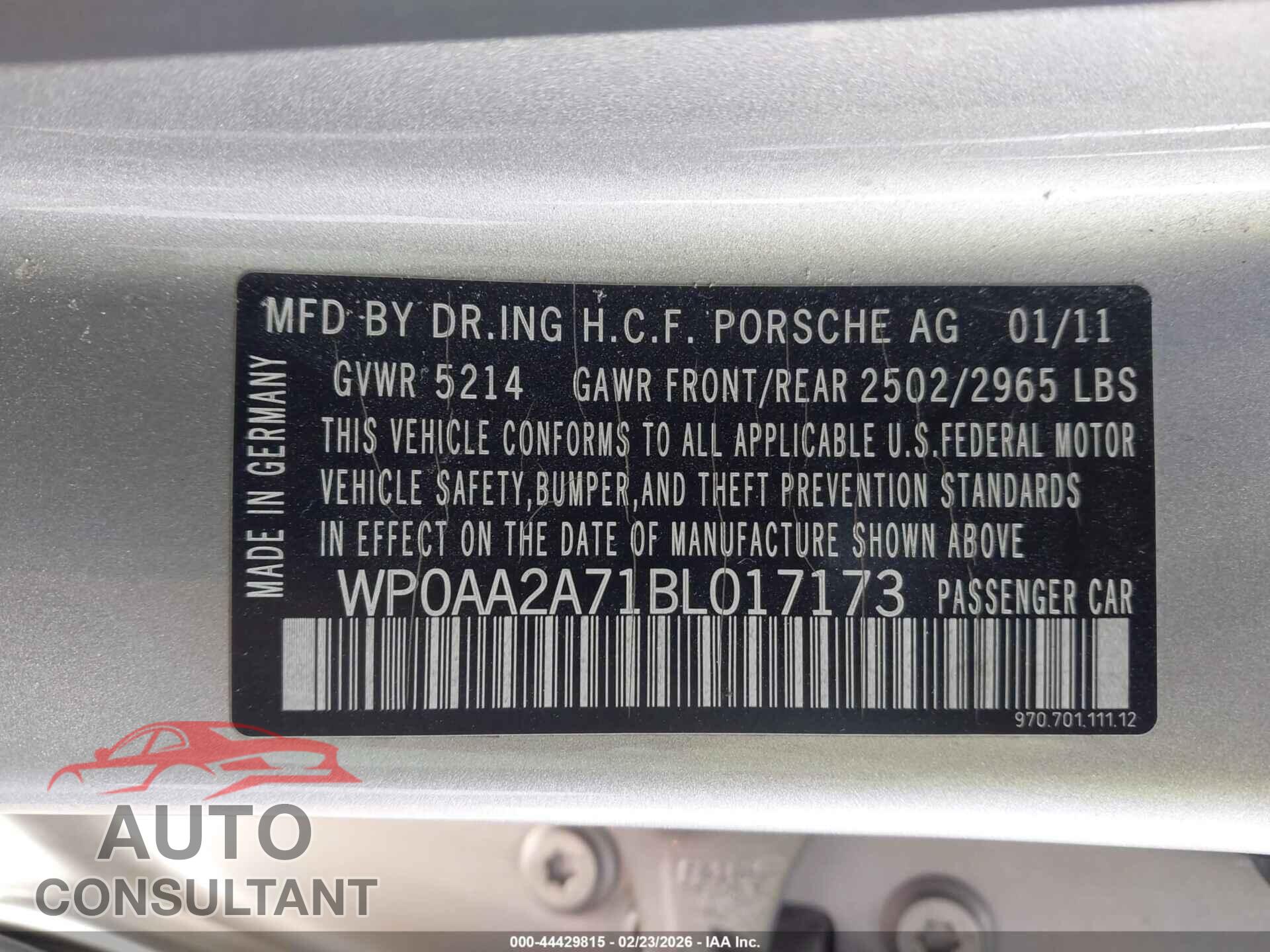 PORSCHE PANAMERA 2011 - WP0AA2A71BL017173