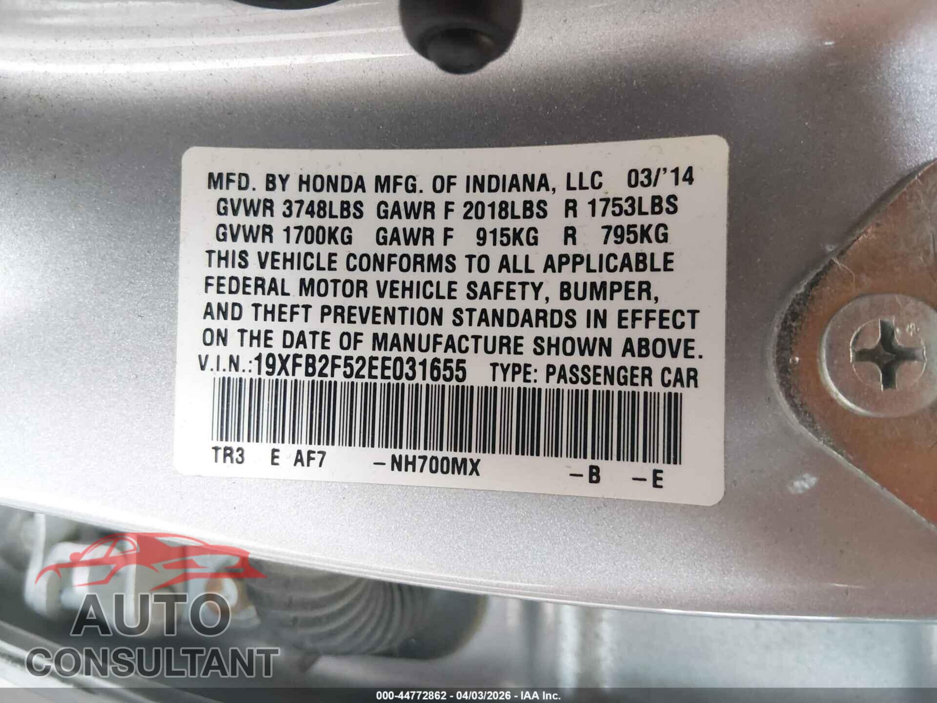 HONDA CIVIC 2014 - 19XFB2F52EE031655