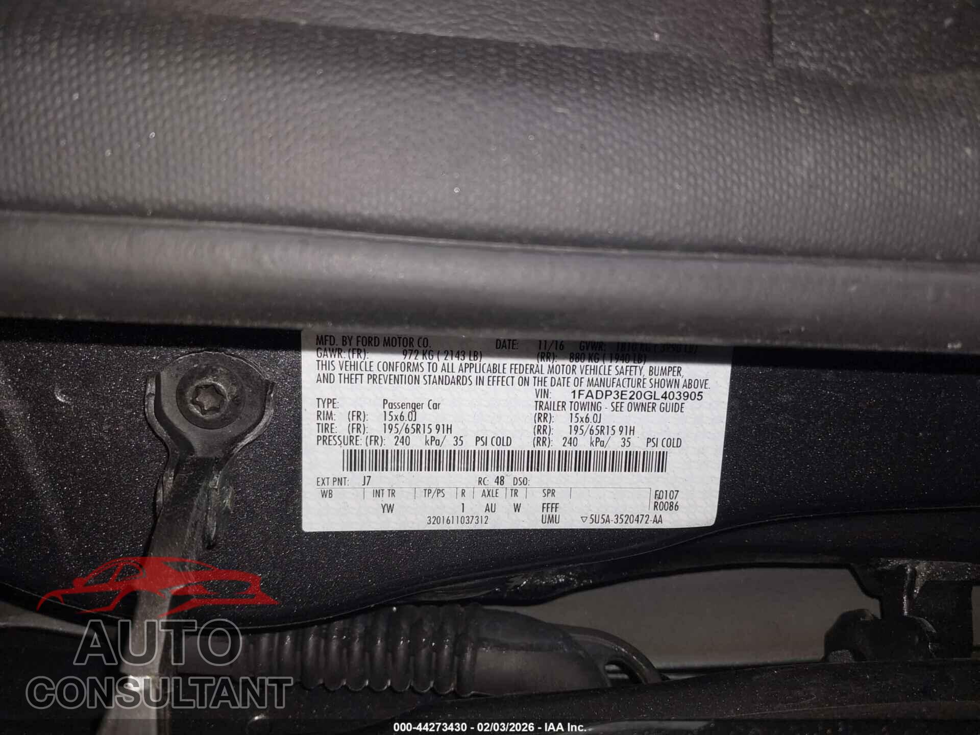FORD FOCUS 2016 - 1FADP3E20GL403905