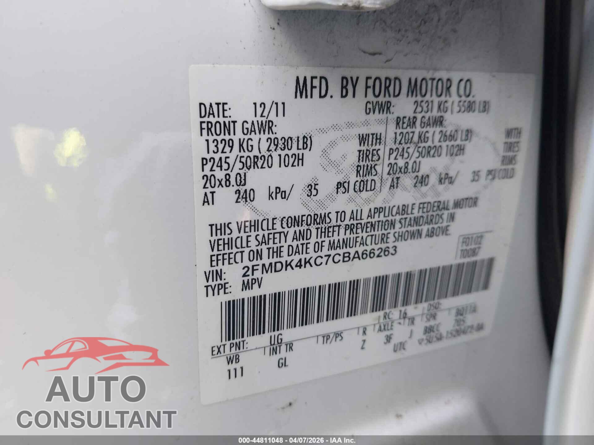 FORD EDGE 2012 - 2FMDK4KC7CBA66263