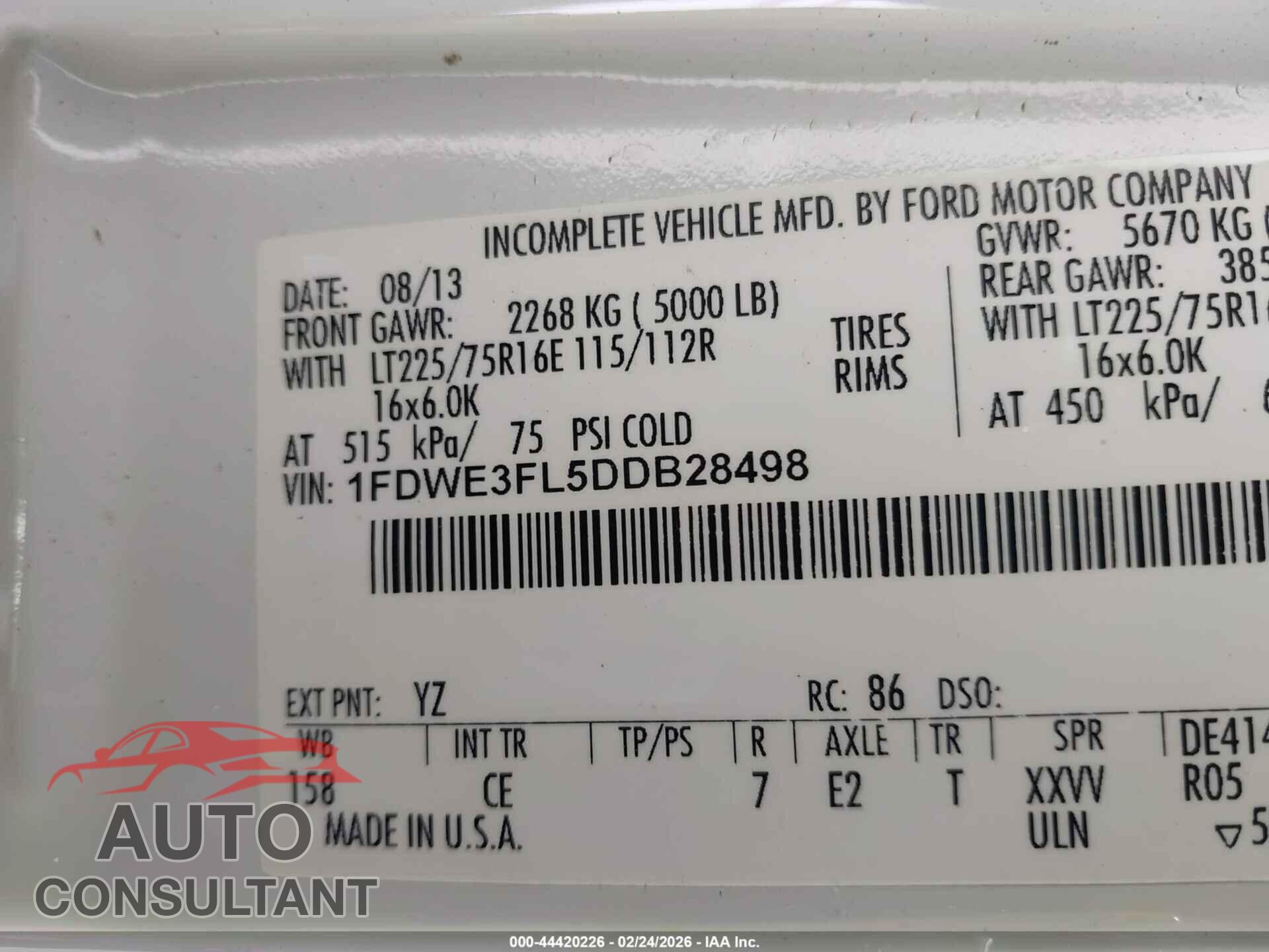 FORD E-350 CUTAWAY 2013 - 1FDWE3FL5DDB28498