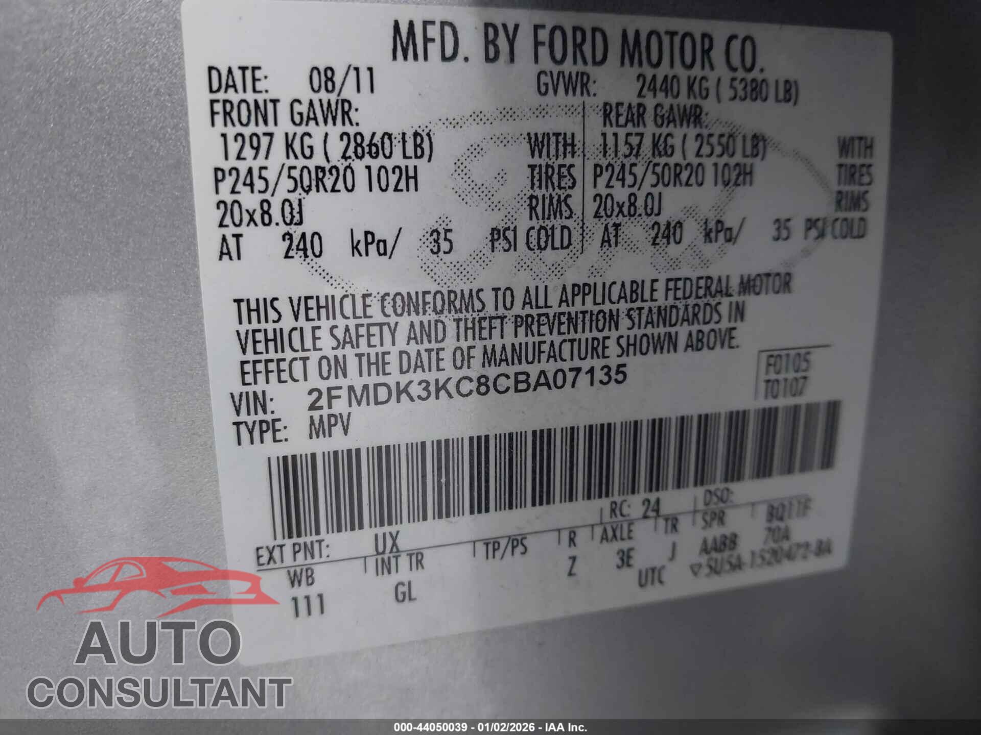 FORD EDGE 2012 - 2FMDK3KC8CBA07135