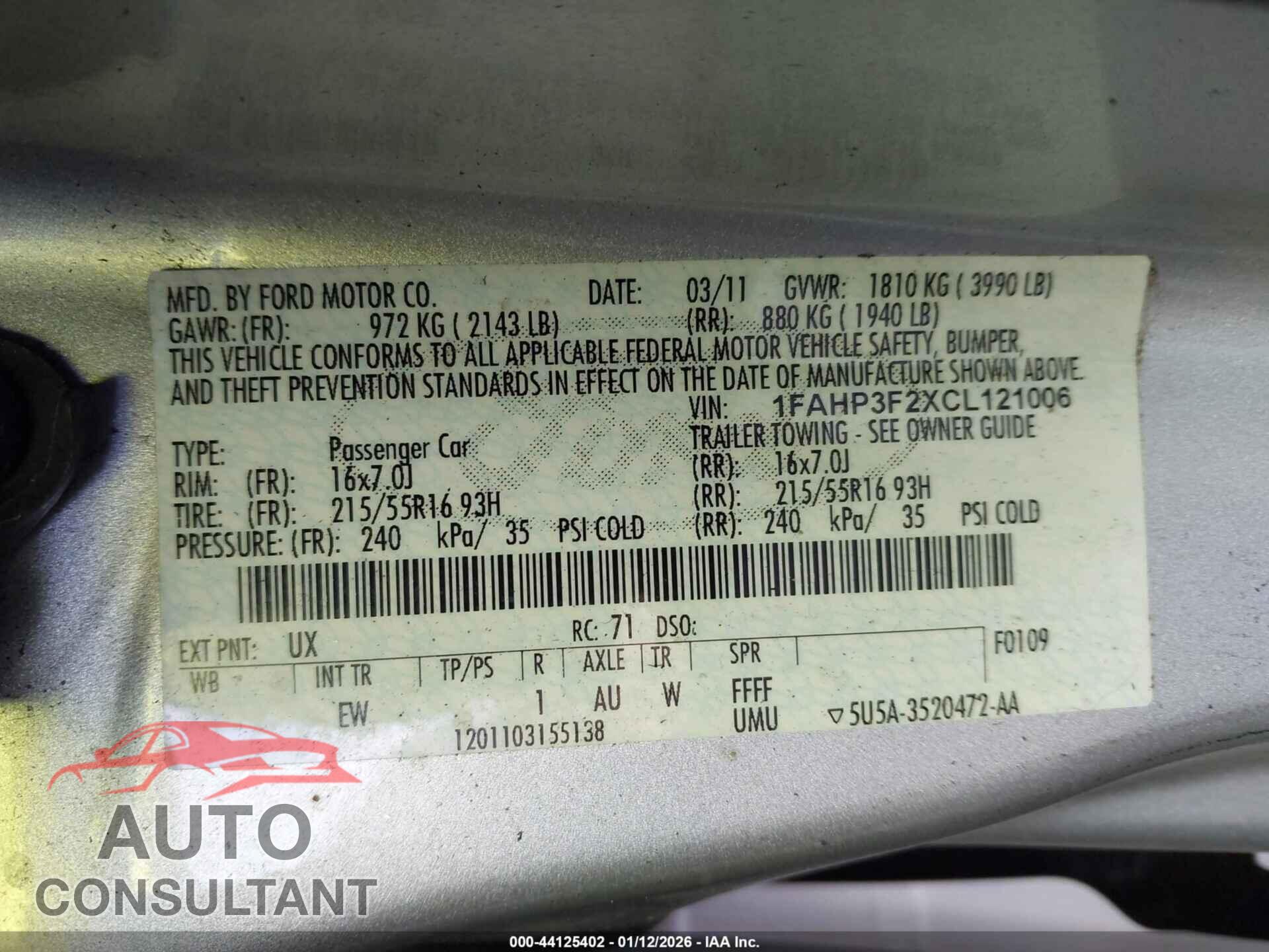 FORD FOCUS 2012 - 1FAHP3F2XCL121006