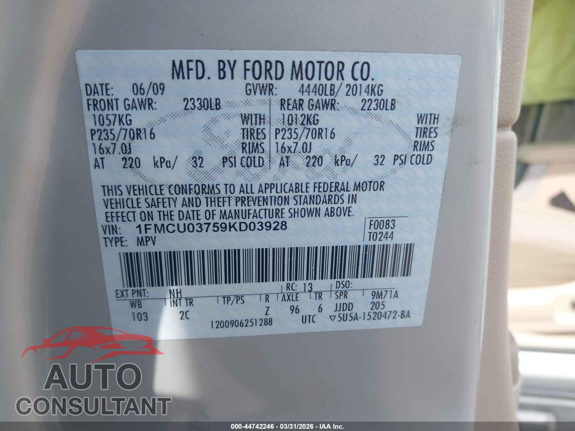 FORD ESCAPE 2009 - 1FMCU03759KD03928