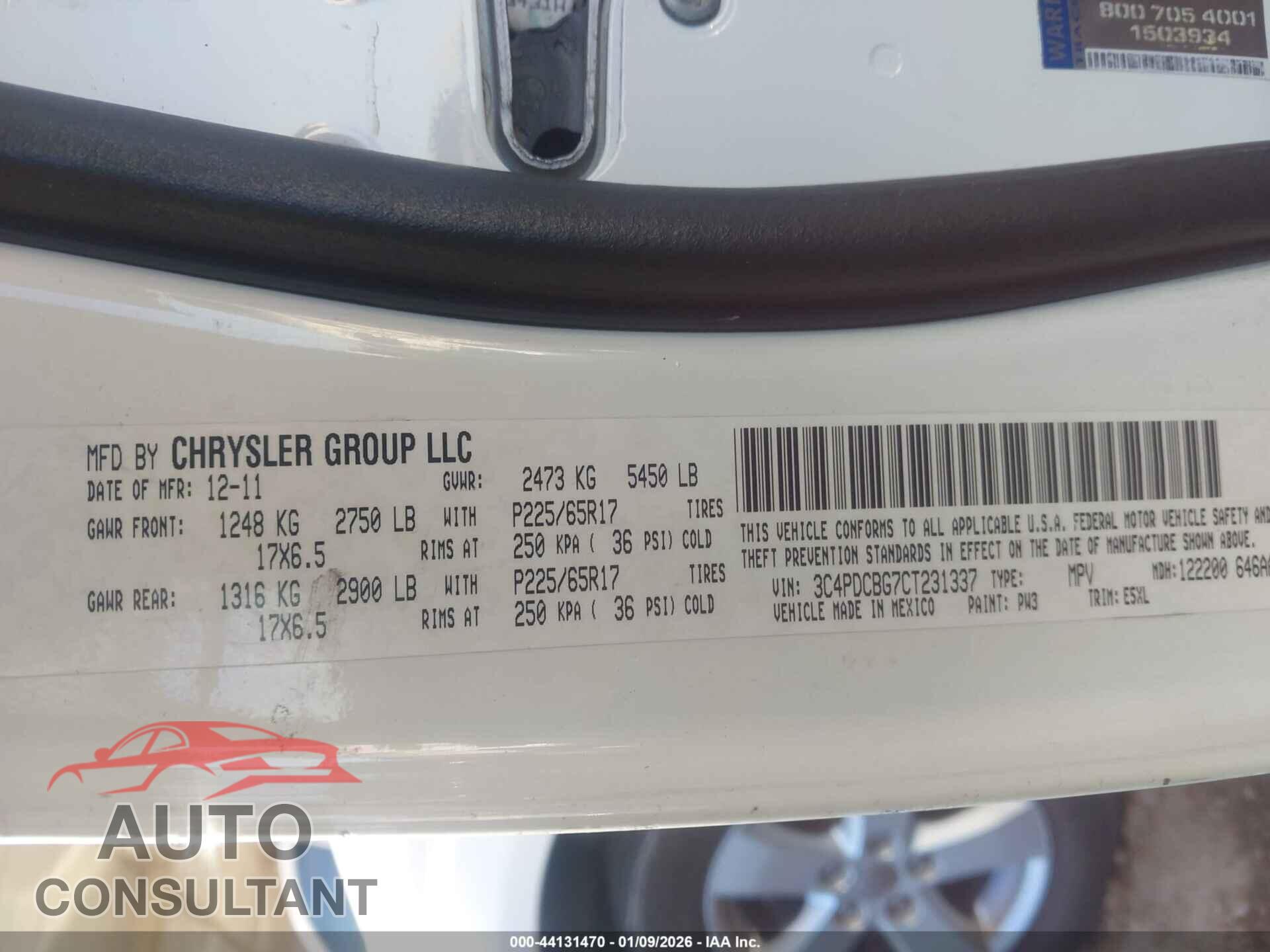 DODGE JOURNEY 2012 - 3C4PDCBG7CT231337