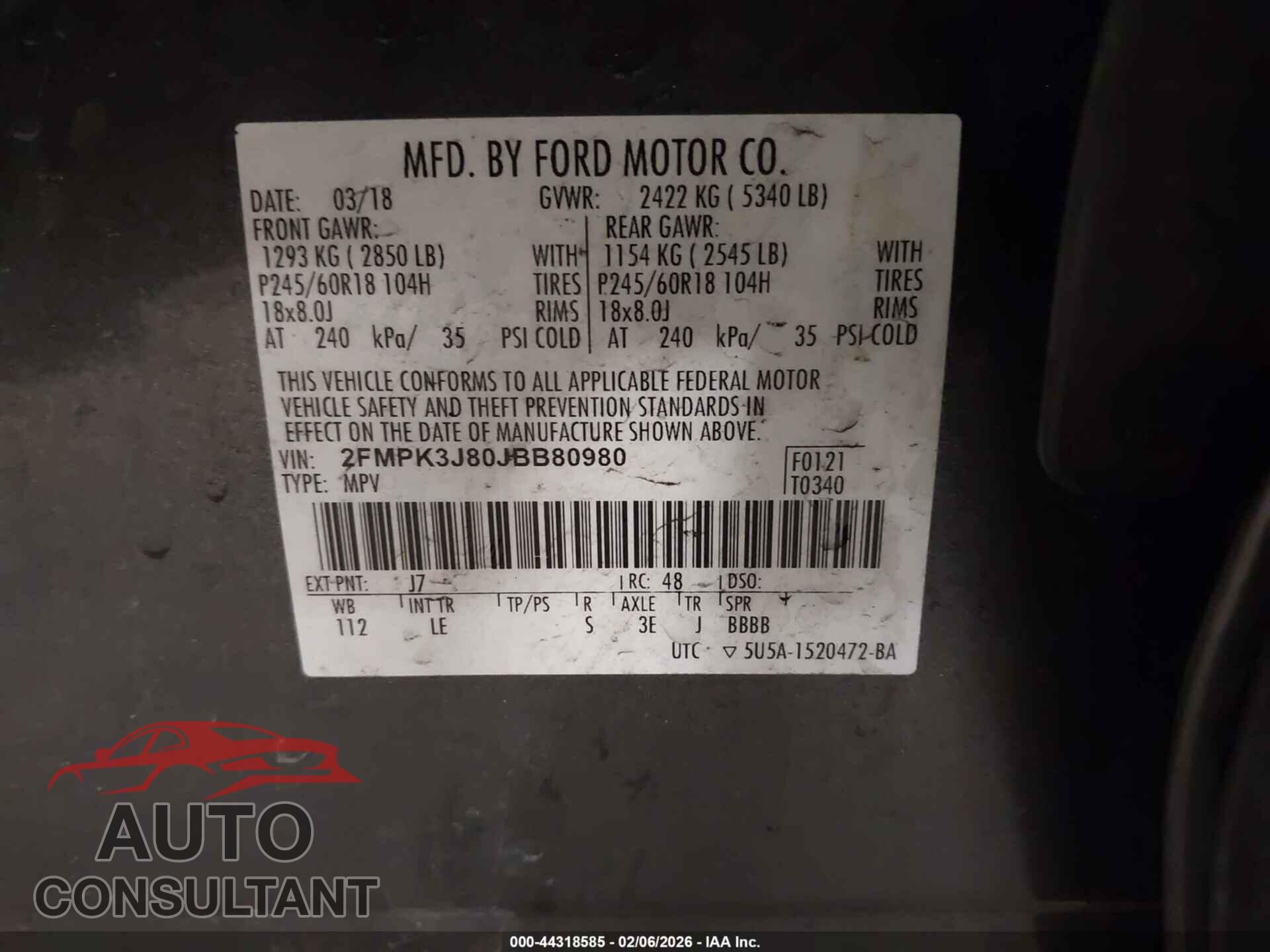 FORD EDGE 2018 - 2FMPK3J80JBB80980