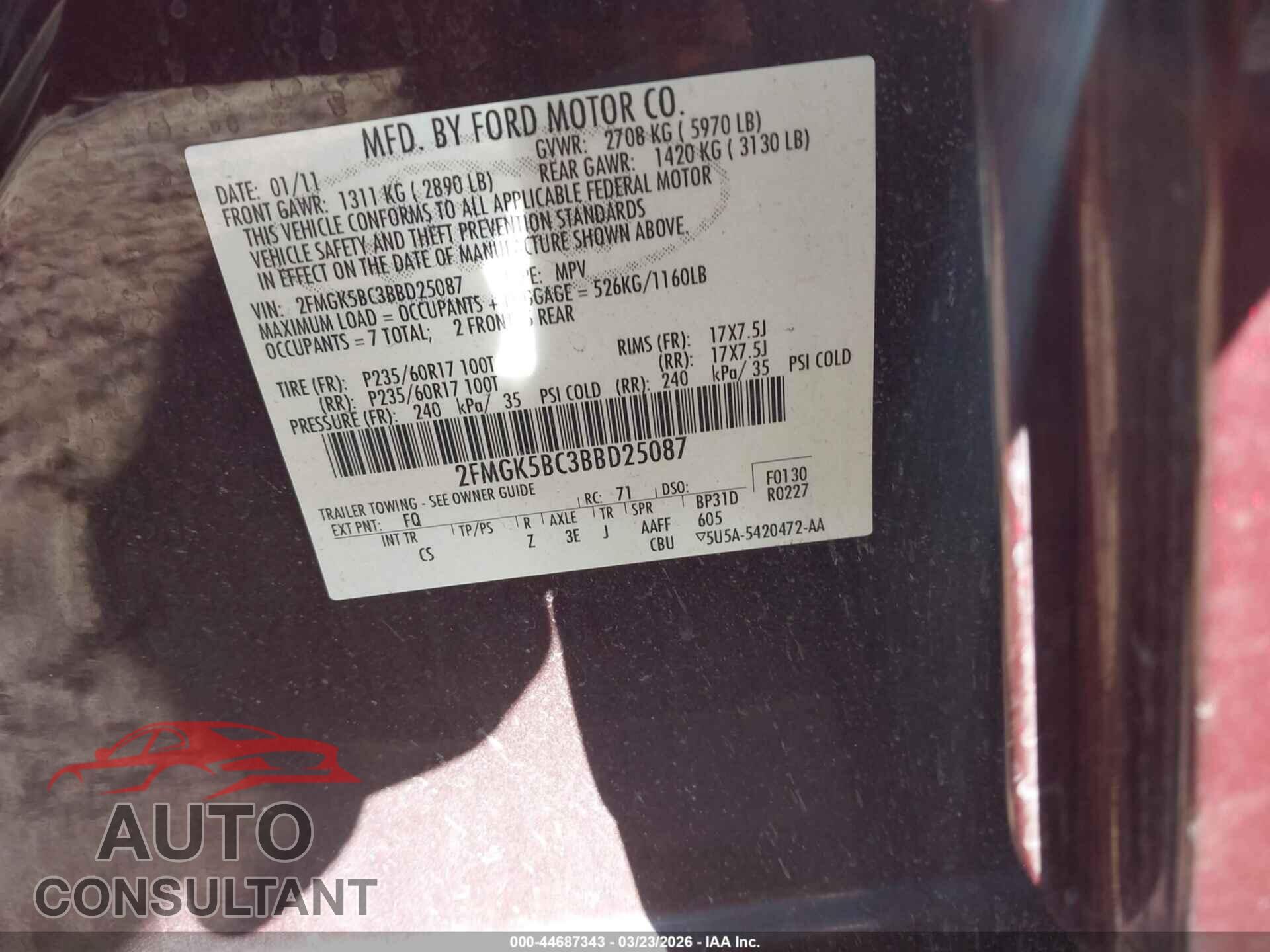 FORD FLEX 2011 - 2FMGK5BC3BBD25087