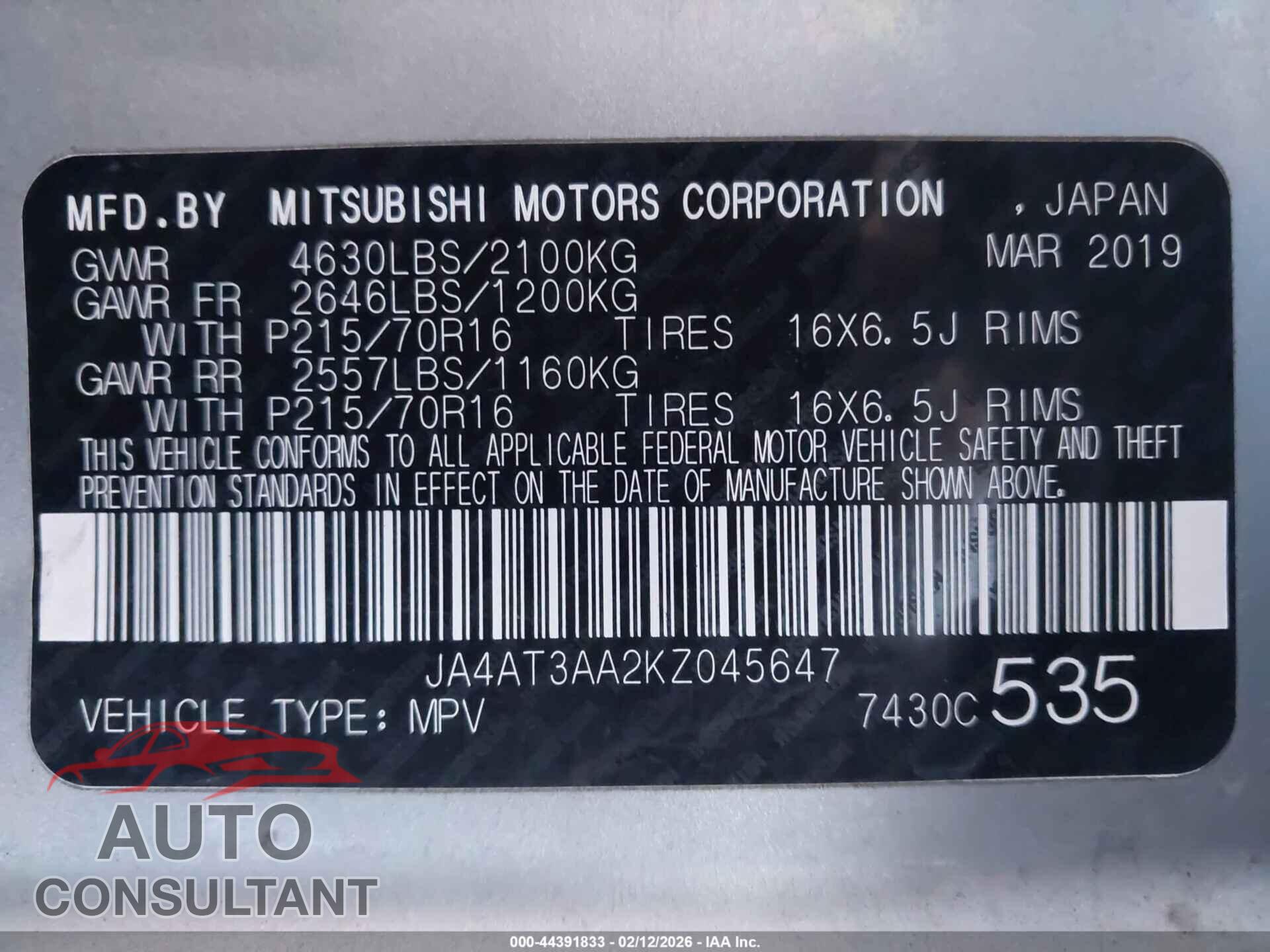 MITSUBISHI ECLIPSE CROSS 2019 - JA4AT3AA2KZ045647