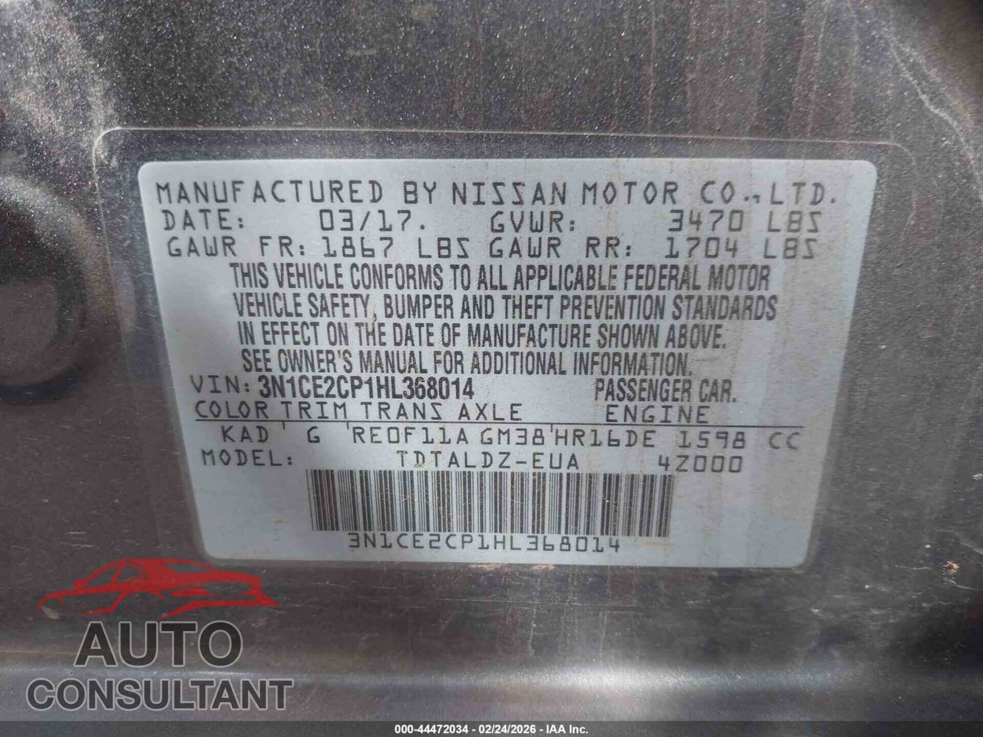 NISSAN VERSA NOTE 2017 - 3N1CE2CP1HL368014