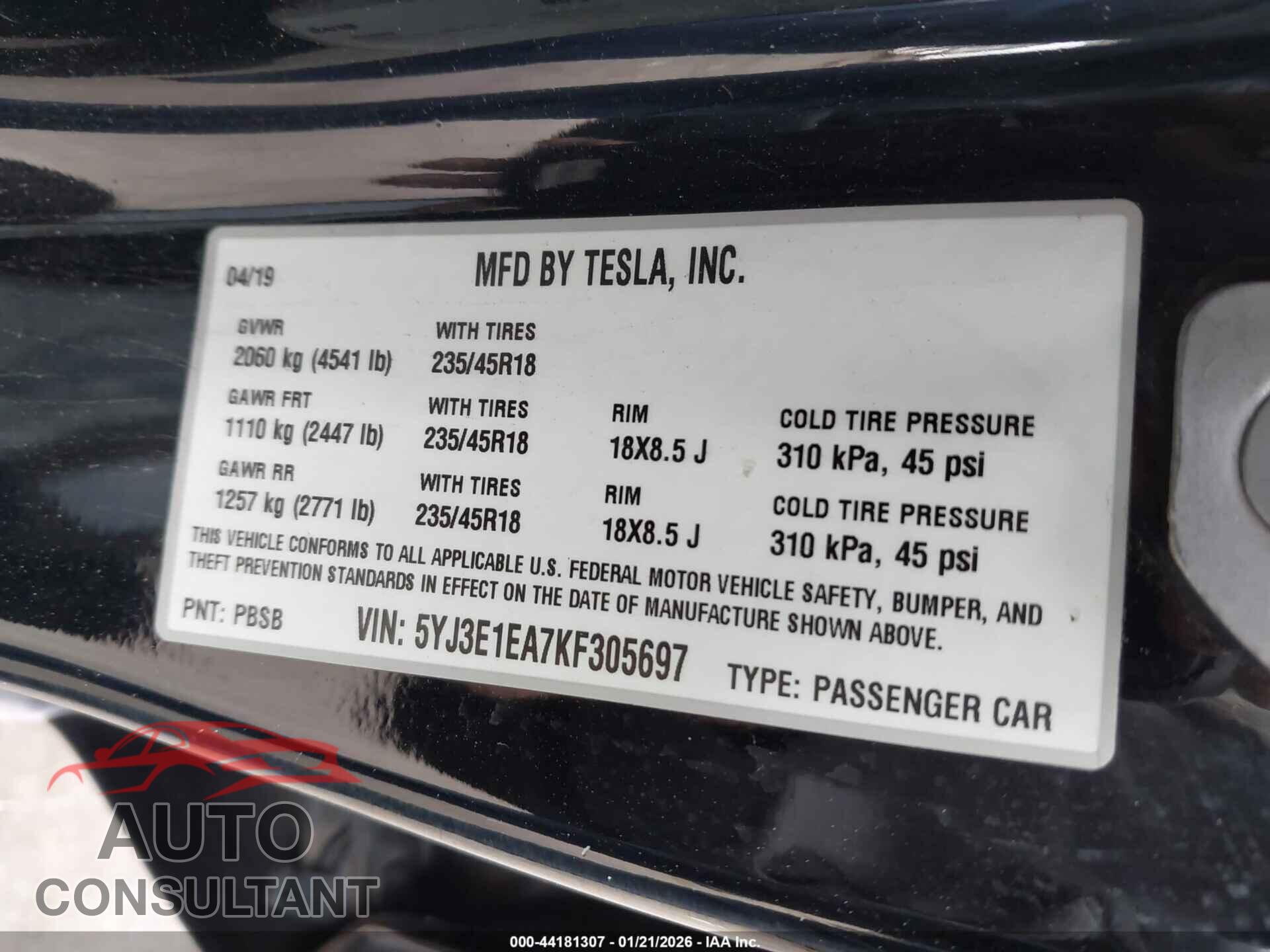 TESLA MODEL 3 2019 - 5YJ3E1EA7KF305697