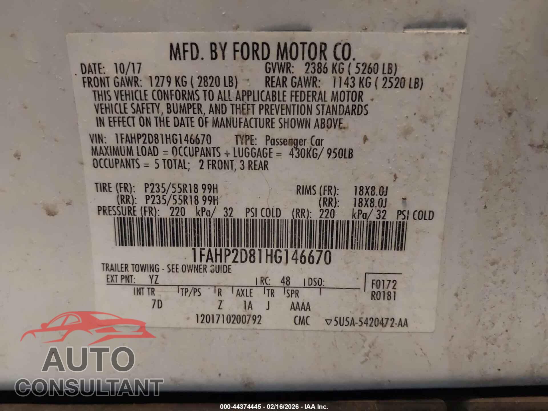 FORD TAURUS 2017 - 1FAHP2D81HG146670
