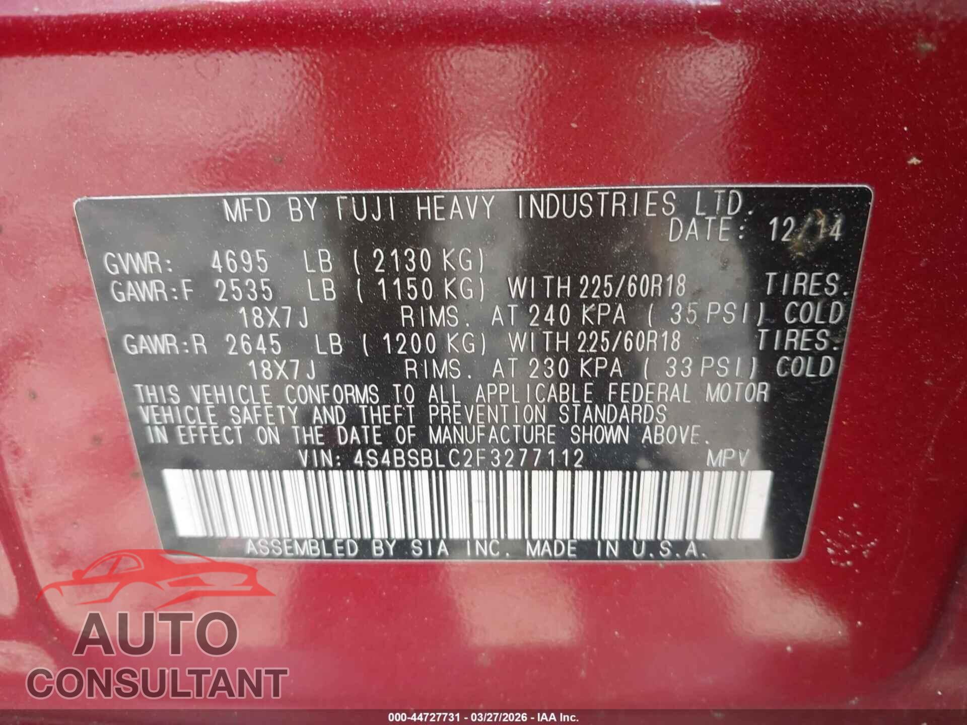 SUBARU OUTBACK 2015 - 4S4BSBLC2F3277112