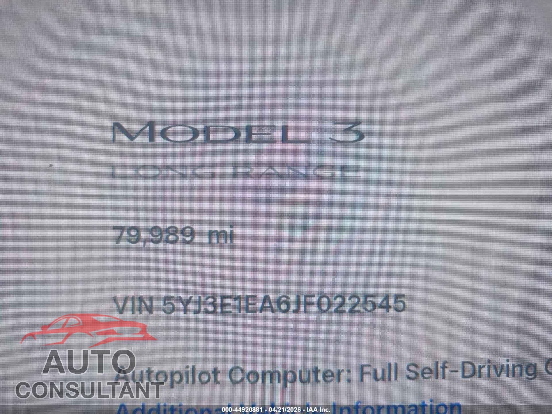 TESLA MODEL 3 2018 - 5YJ3E1EA6JF022545