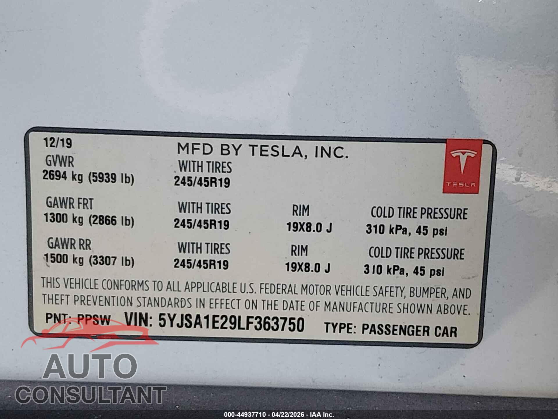 TESLA MODEL S 2020 - 5YJSA1E29LF363750