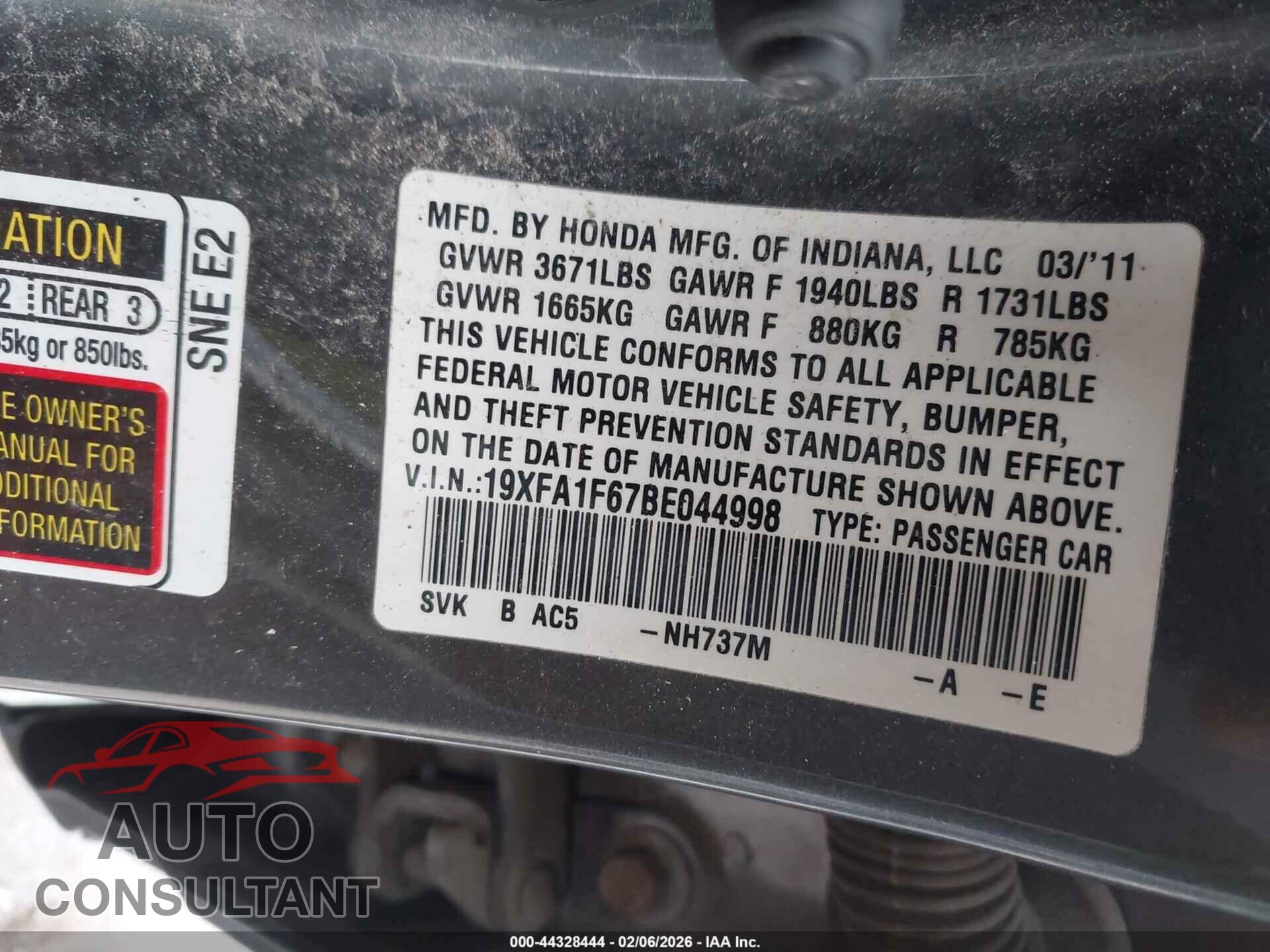 HONDA CIVIC SDN 2011 - 19XFA1F67BE044998