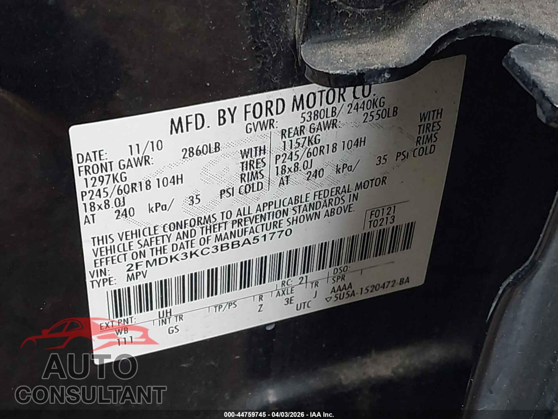 FORD EDGE 2011 - 2FMDK3KC3BBA51770
