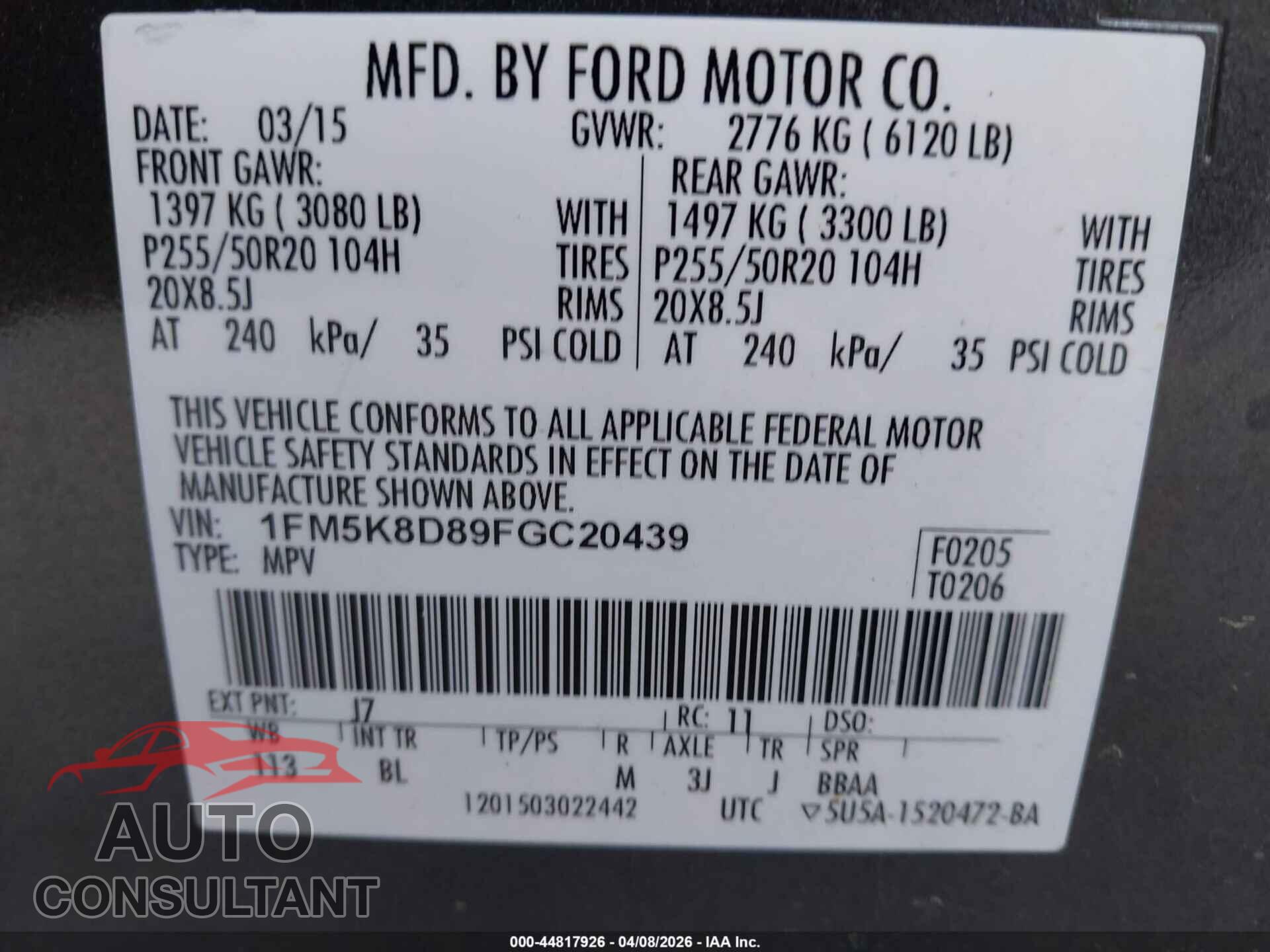 FORD EXPLORER 2015 - 1FM5K8D89FGC20439