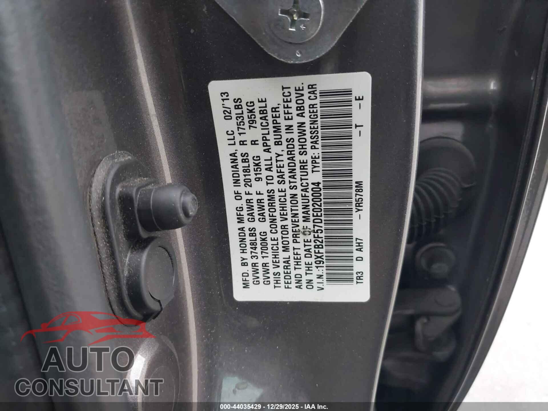 HONDA CIVIC 2013 - 19XFB2F57DE020004
