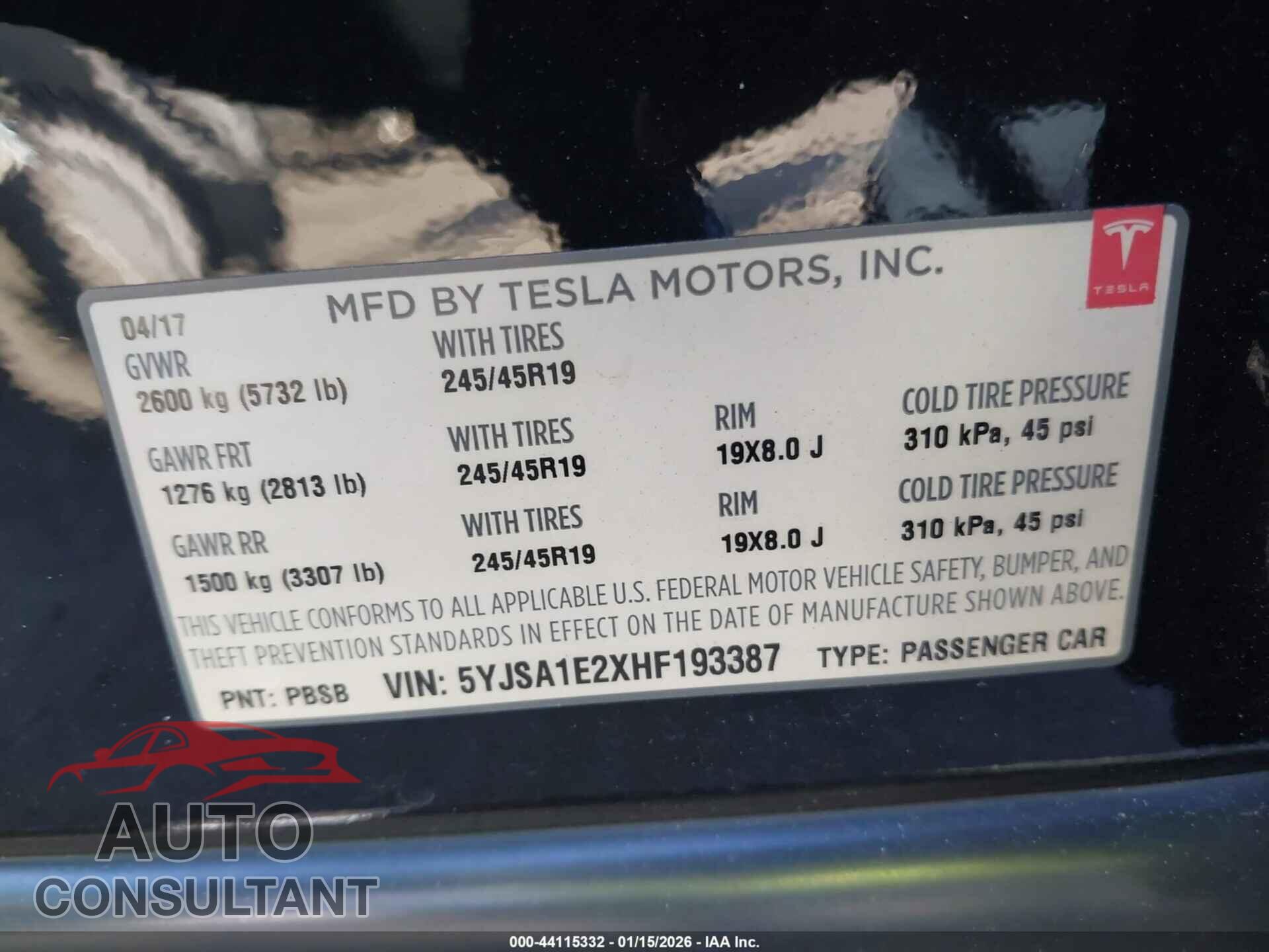 TESLA MODEL S 2017 - 5YJSA1E2XHF193387