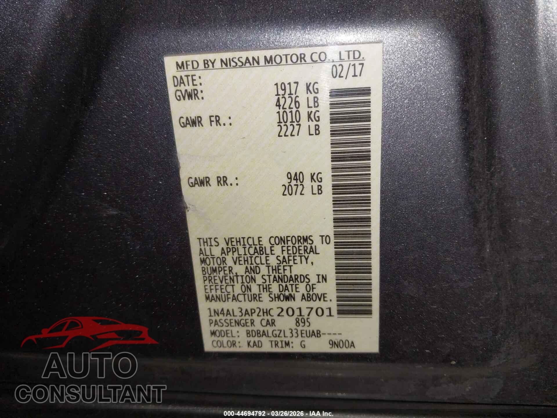 NISSAN ALTIMA 2017 - 1N4AL3AP2HC201701
