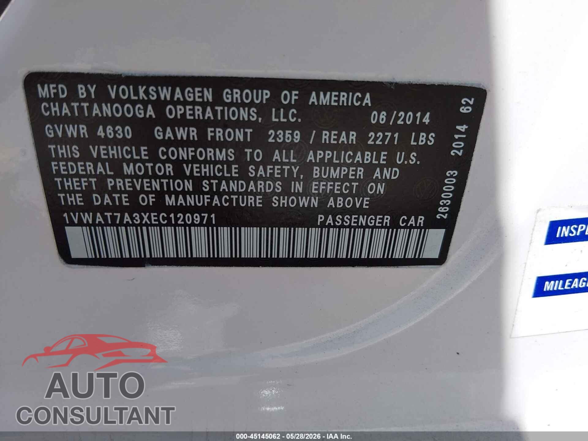 VOLKSWAGEN PASSAT 2014 - 1VWAT7A3XEC120971