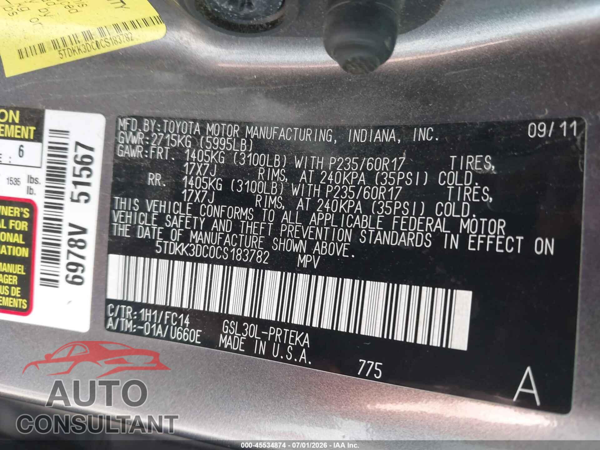 TOYOTA SIENNA 2012 - 5TDKK3DC0CS183782