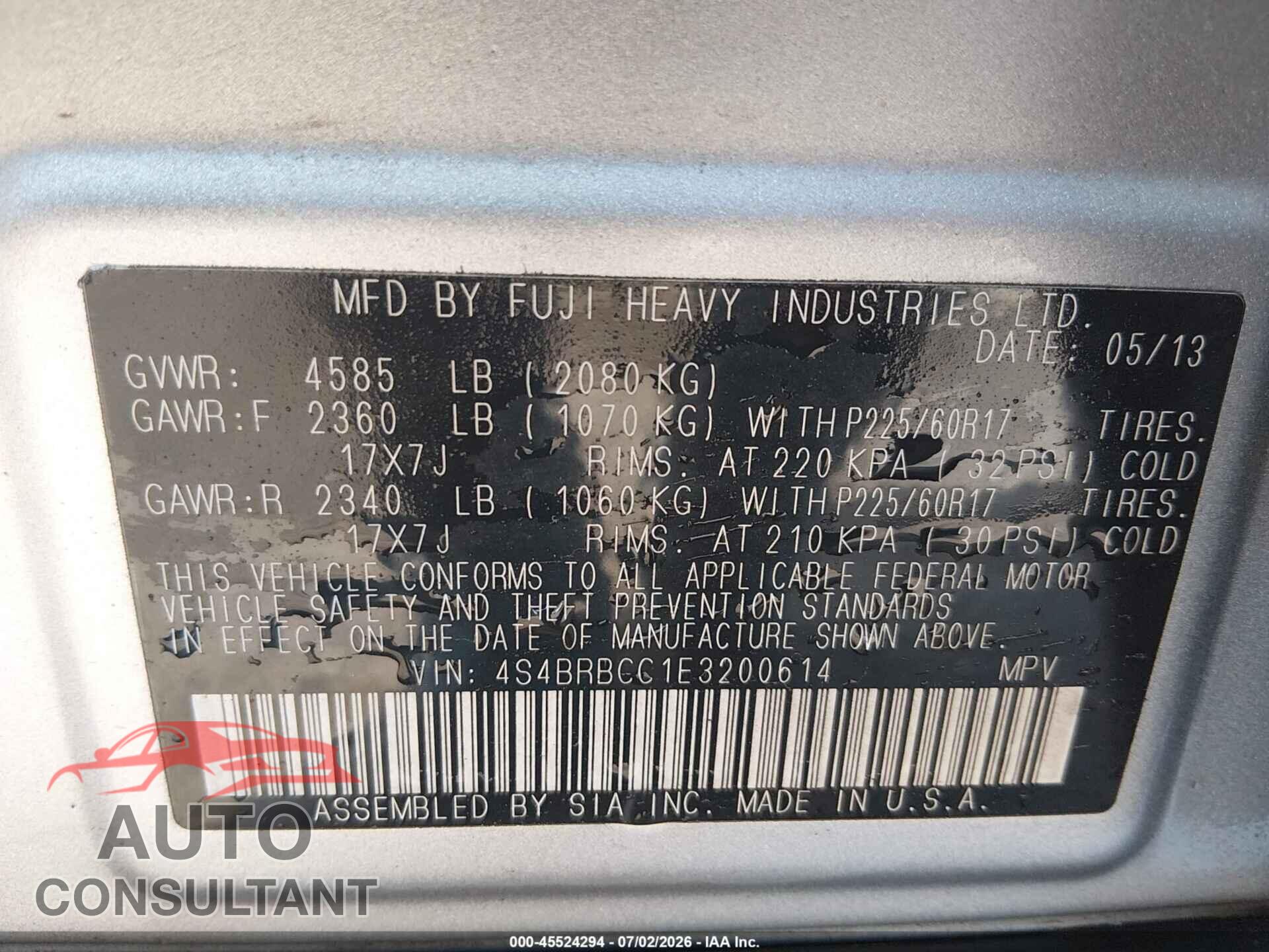 SUBARU OUTBACK 2014 - 4S4BRBCC1E3200614