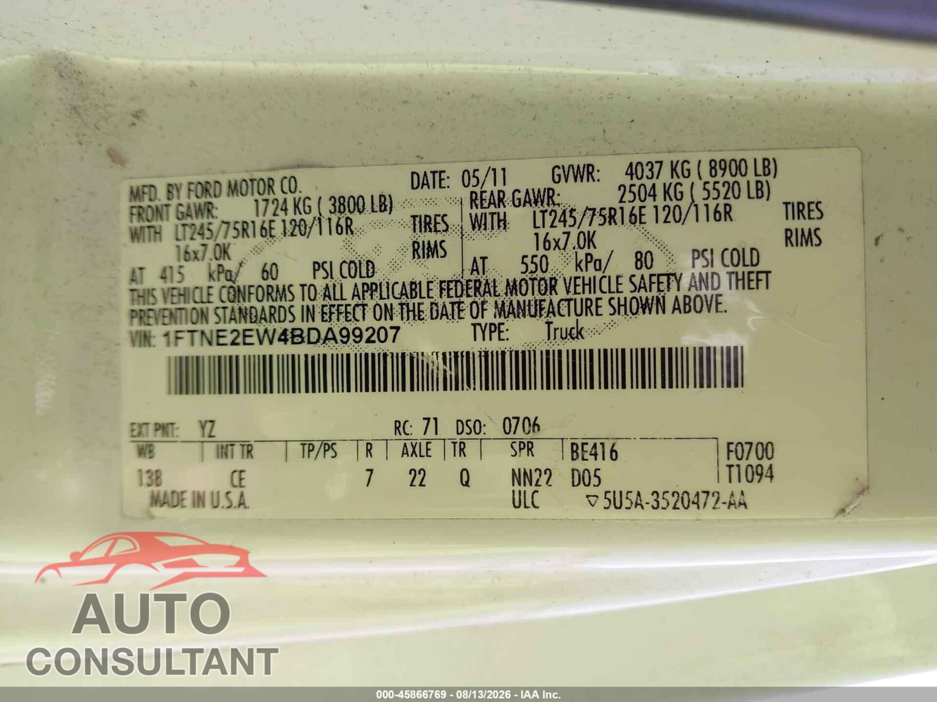 FORD E-250 2011 - 1FTNE2EW4BDA99207