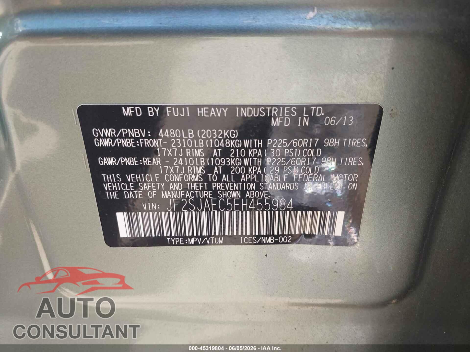 SUBARU FORESTER 2014 - JF2SJAEC5EH455984