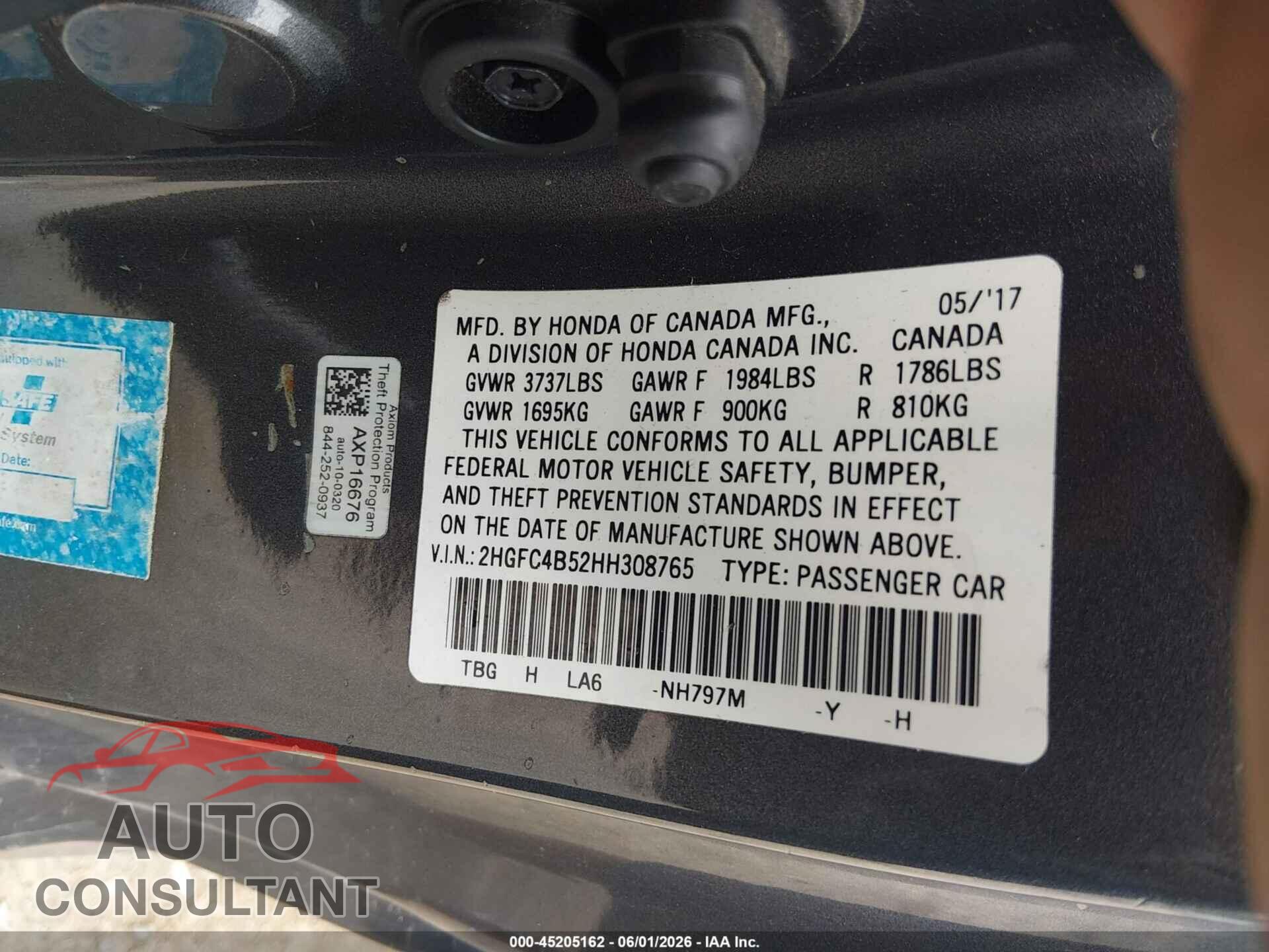 HONDA CIVIC 2017 - 2HGFC4B52HH308765