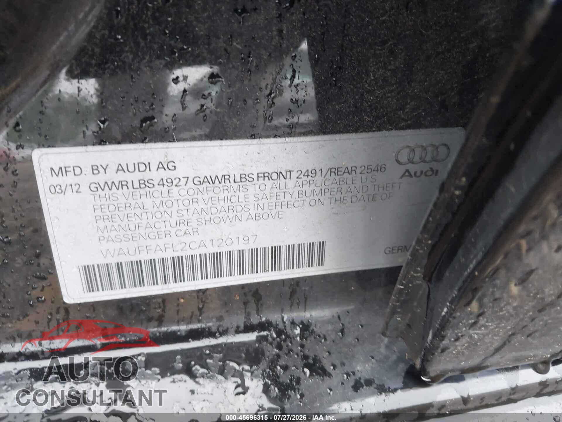 AUDI A4 2012 - WAUFFAFL2CA120197