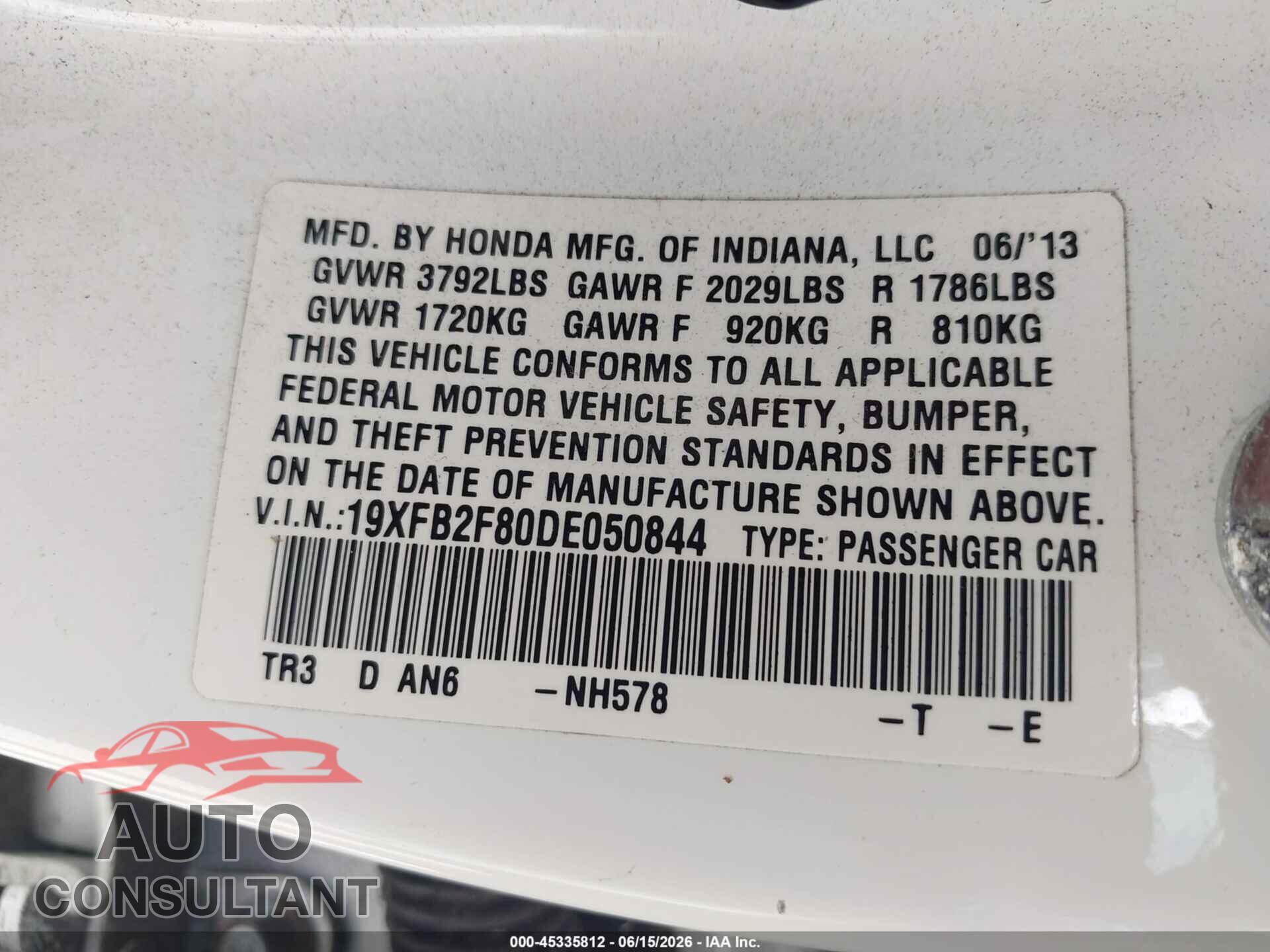 HONDA CIVIC 2013 - 19XFB2F80DE050844