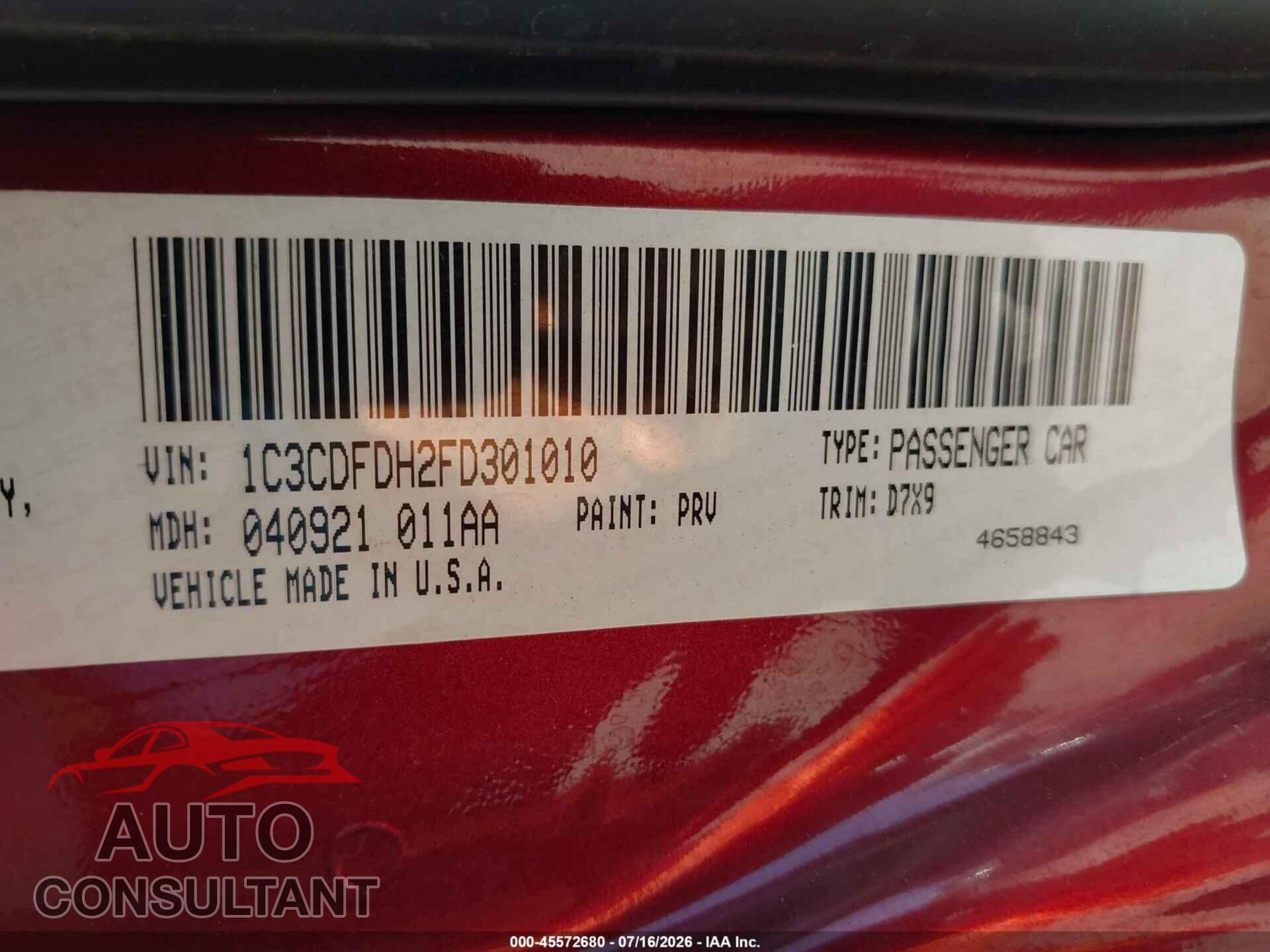 DODGE DART 2015 - 1C3CDFDH2FD301010