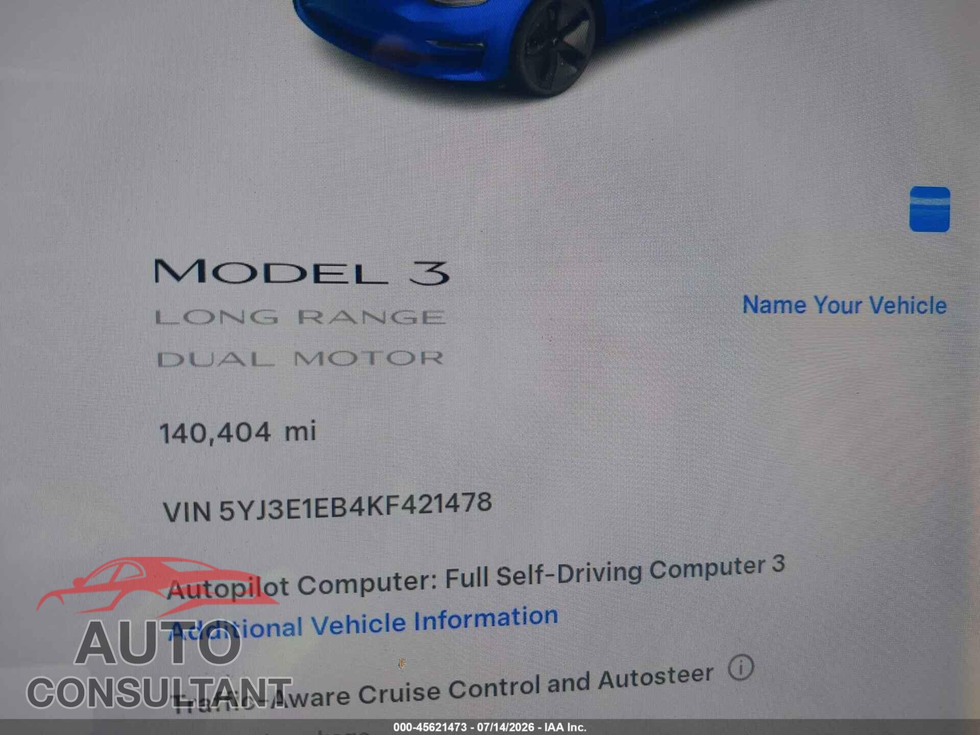 TESLA MODEL 3 2019 - 5YJ3E1EB4KF421478