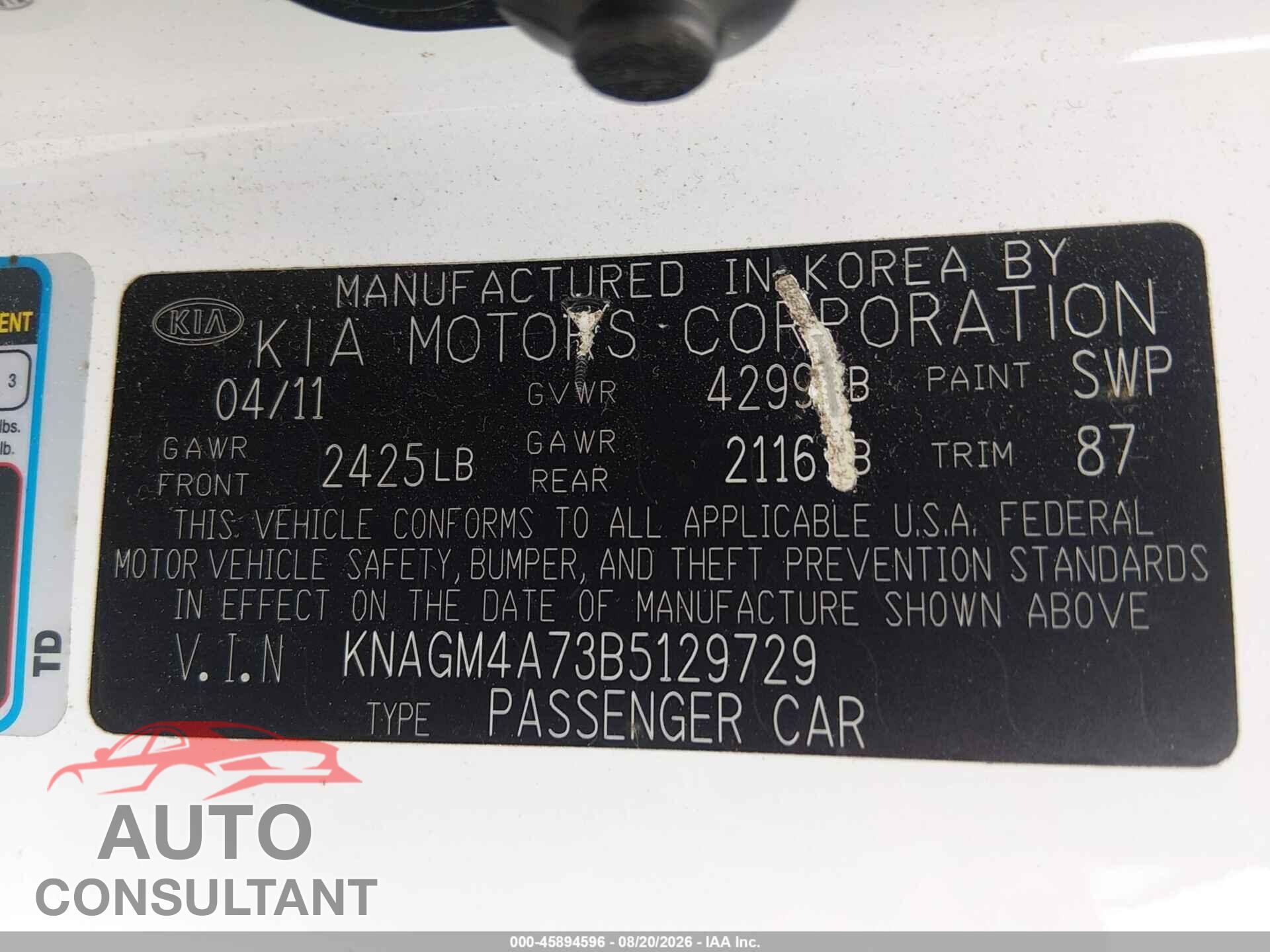 KIA OPTIMA 2011 - KNAGM4A73B5129729
