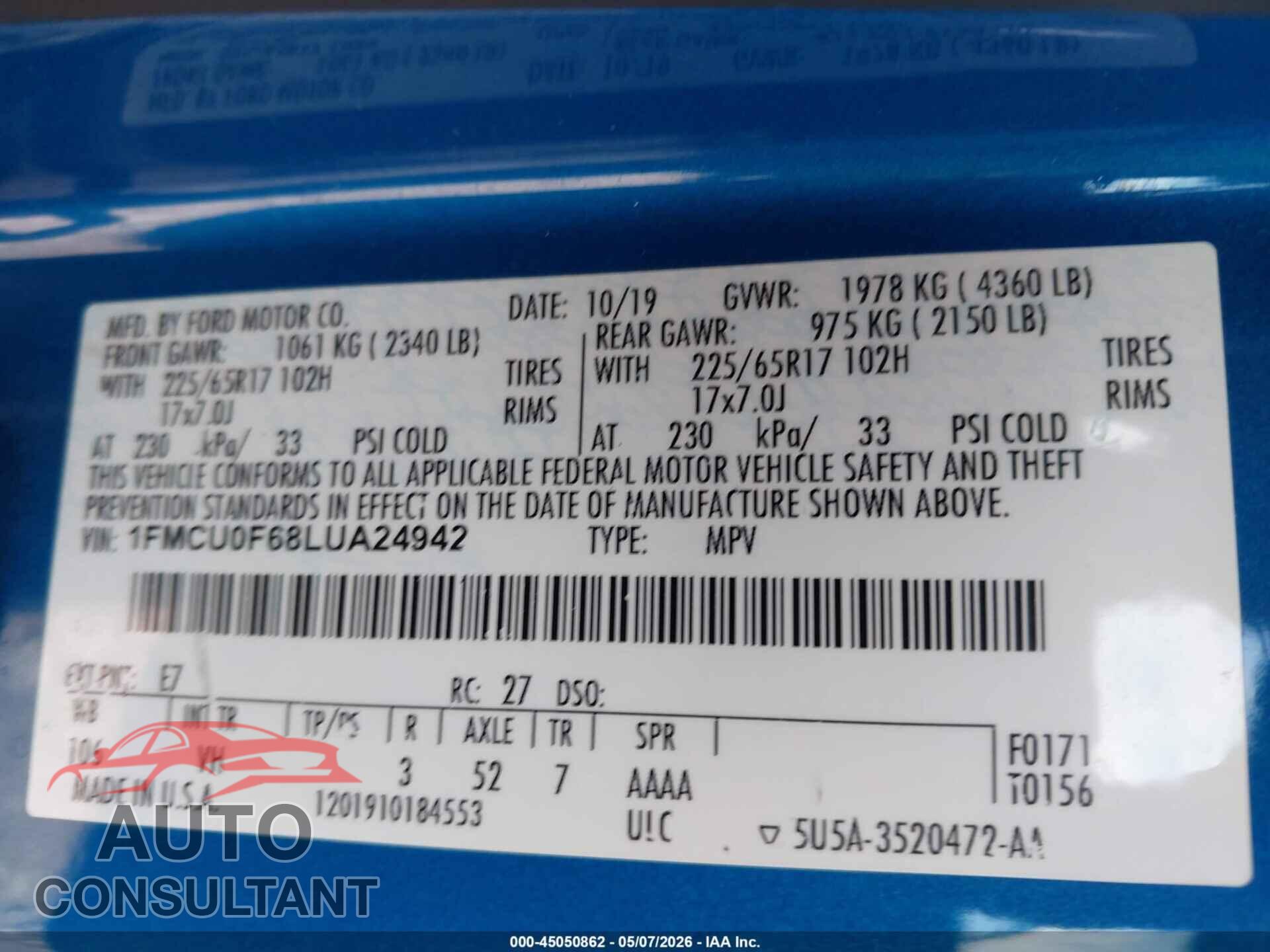 FORD ESCAPE 2020 - 1FMCU0F68LUA24942