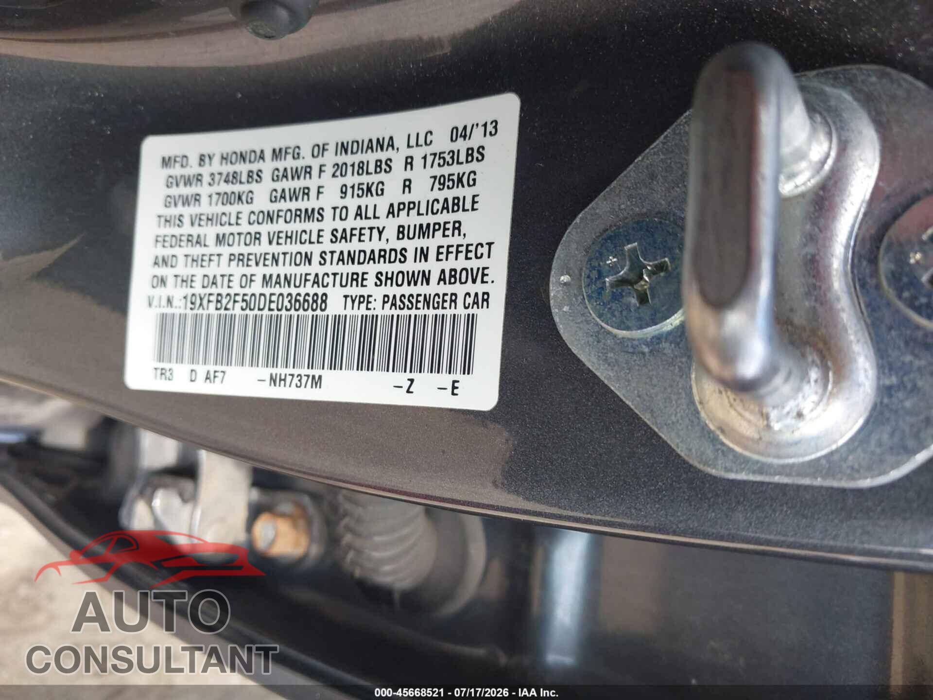 HONDA CIVIC 2013 - 19XFB2F50DE036688
