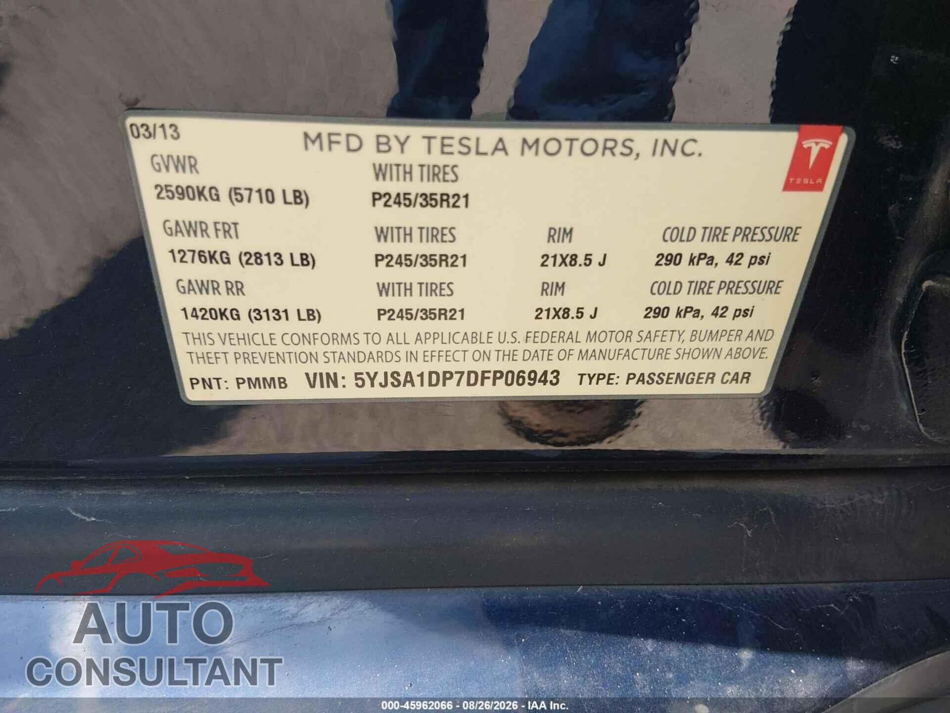 TESLA MODEL S 2013 - 5YJSA1DP7DFP06943