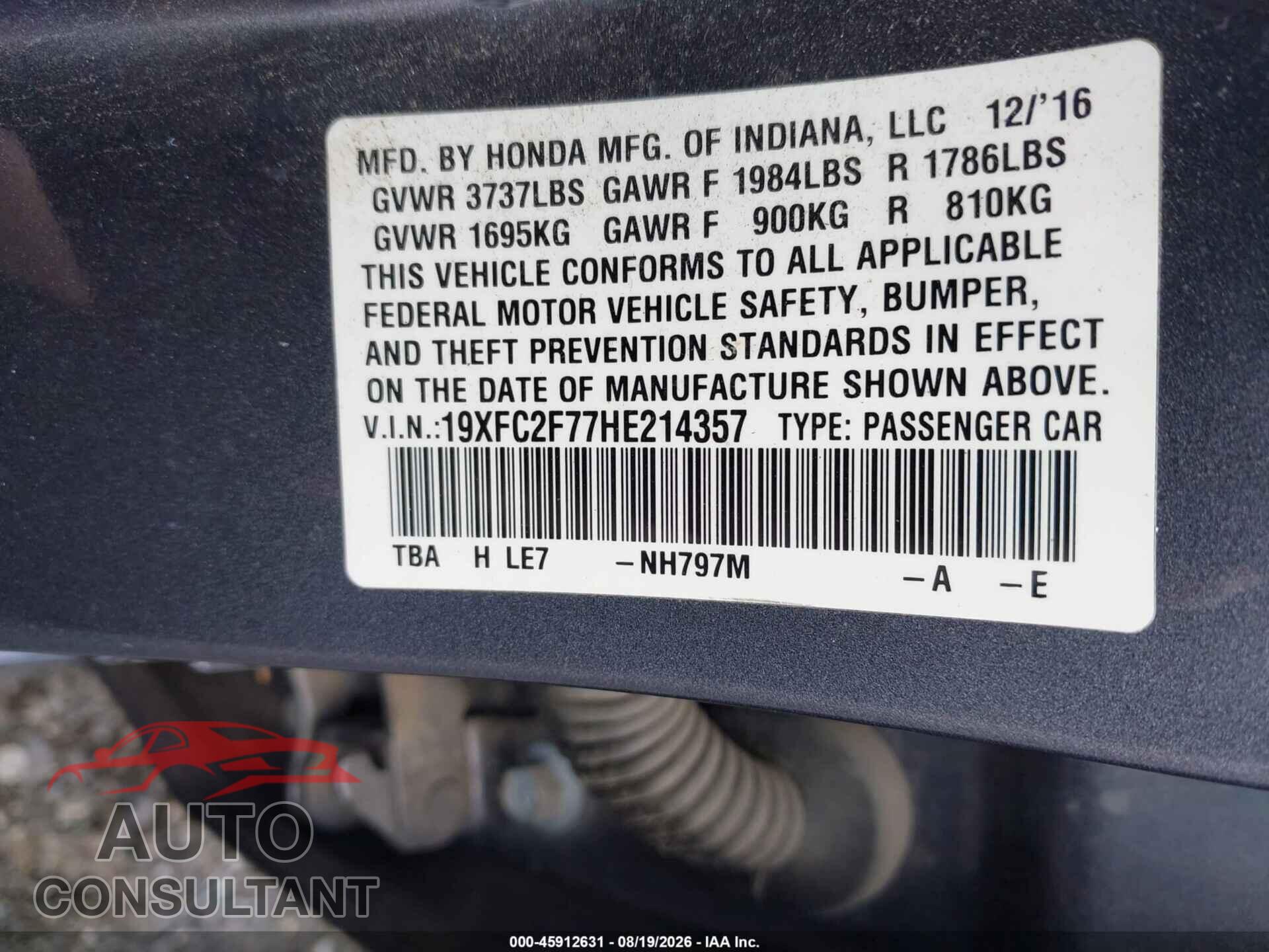 HONDA CIVIC 2017 - 19XFC2F77HE214357