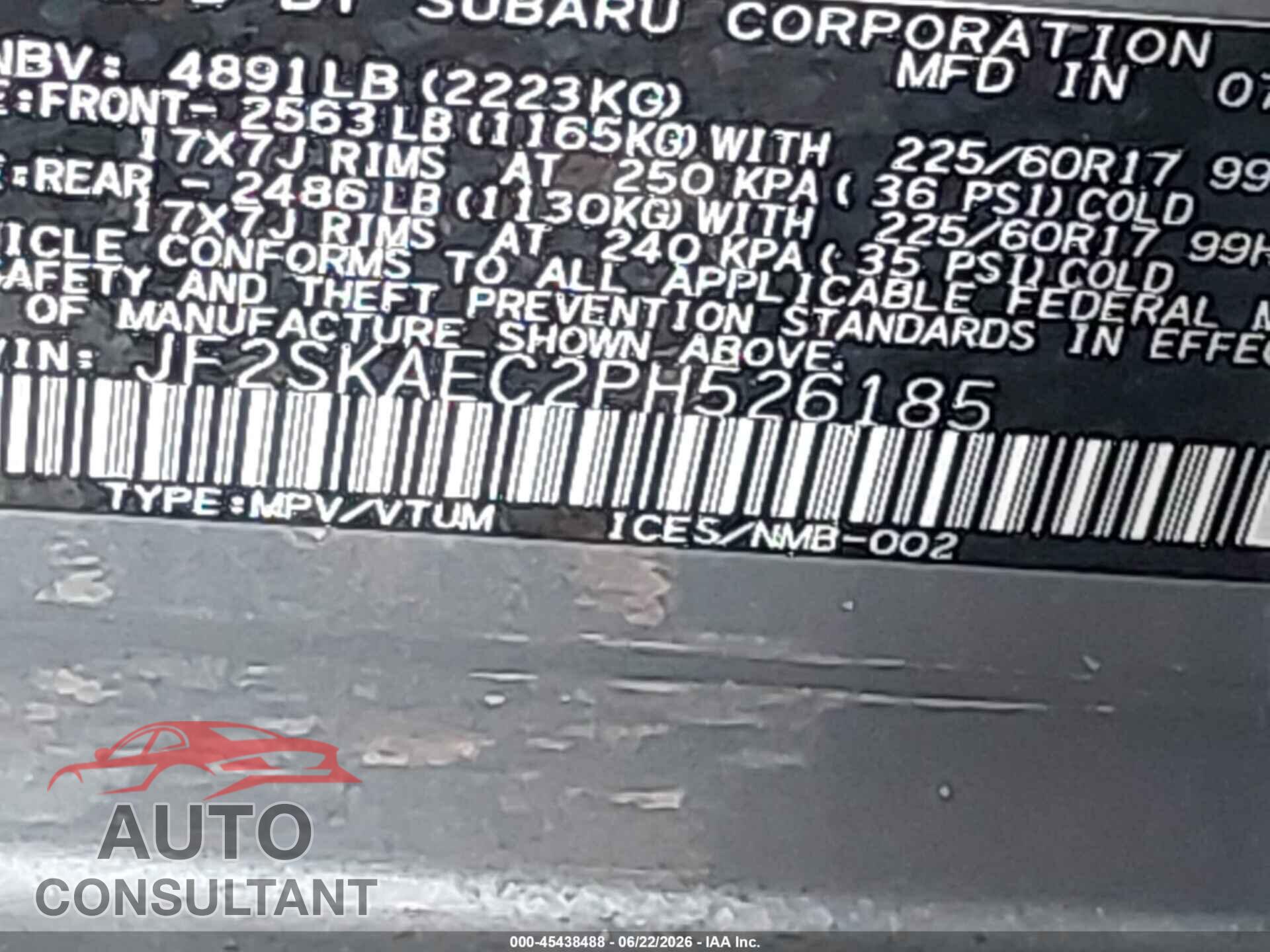 SUBARU FORESTER 2023 - JF2SKAEC2PH526185