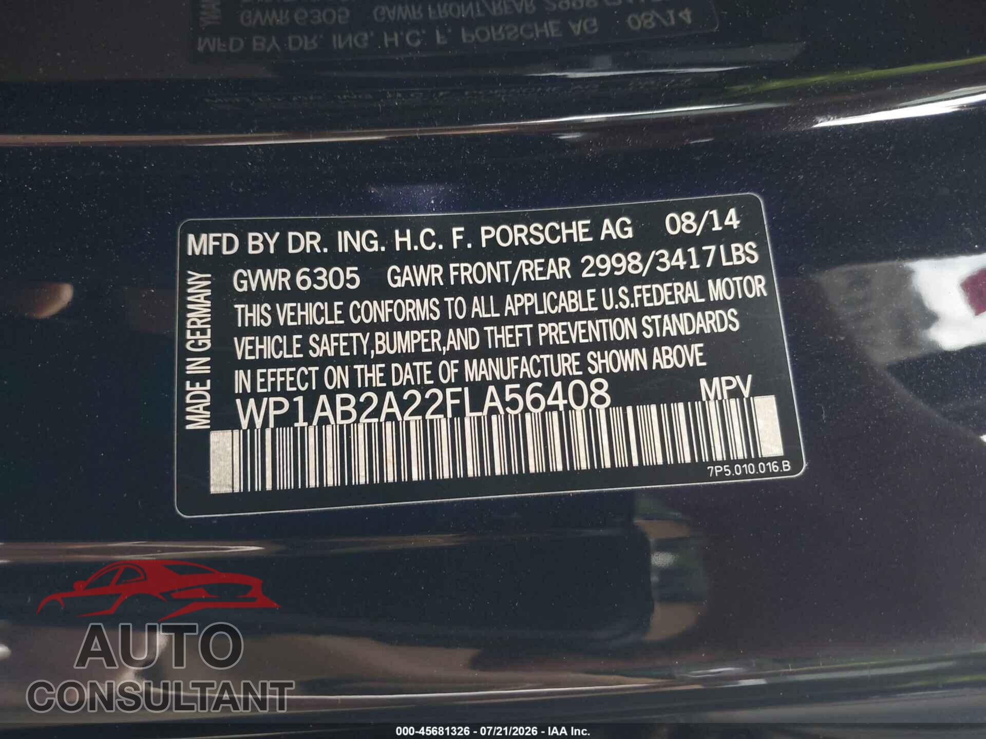 PORSCHE CAYENNE 2015 - WP1AB2A22FLA56408